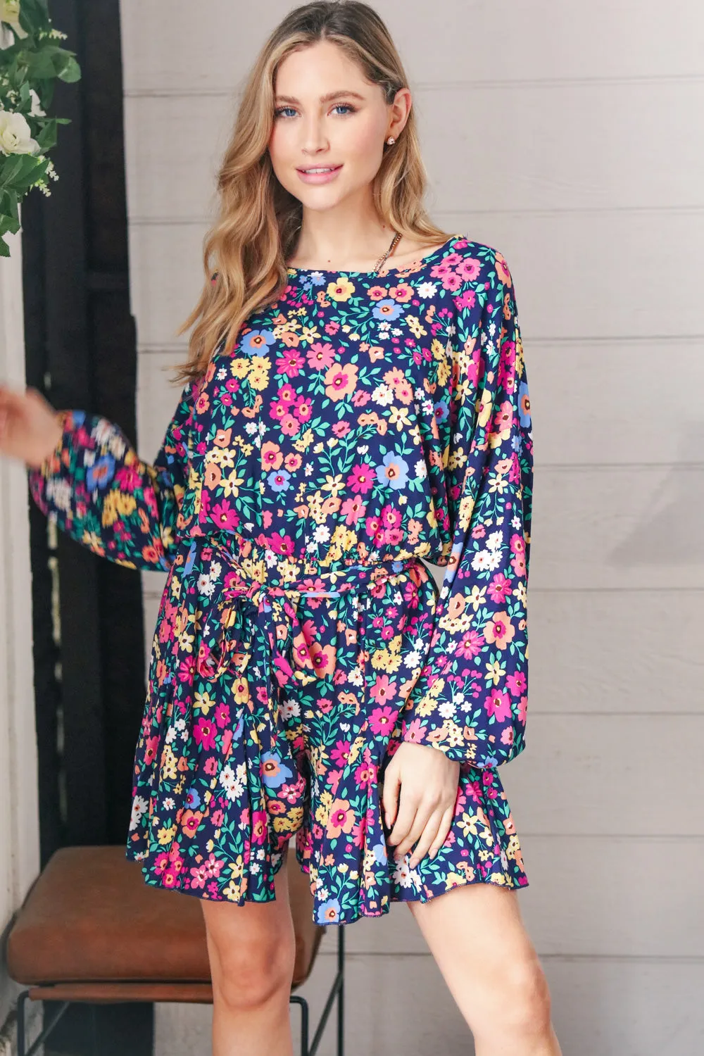 Navy Floral Challis Woven Romper