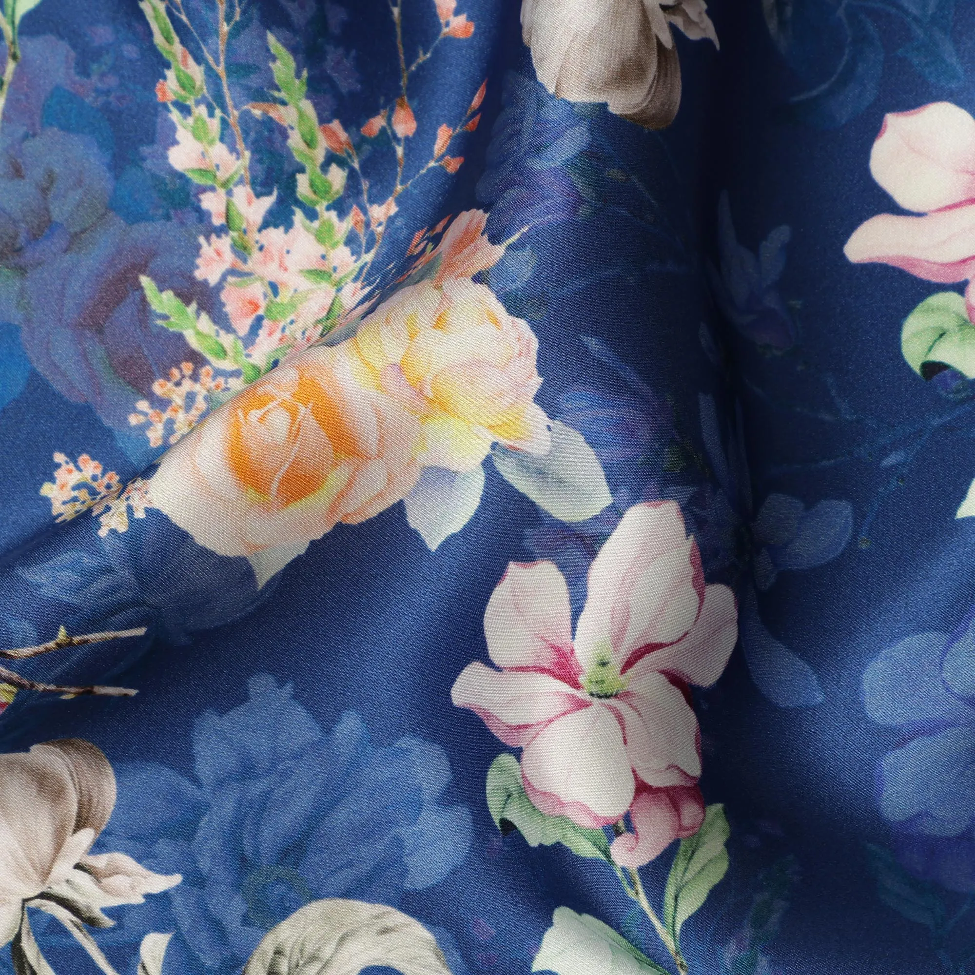 Navy Floral Pure Silk Satin Fabric - 140 cm Width, Made in Italy-D20722