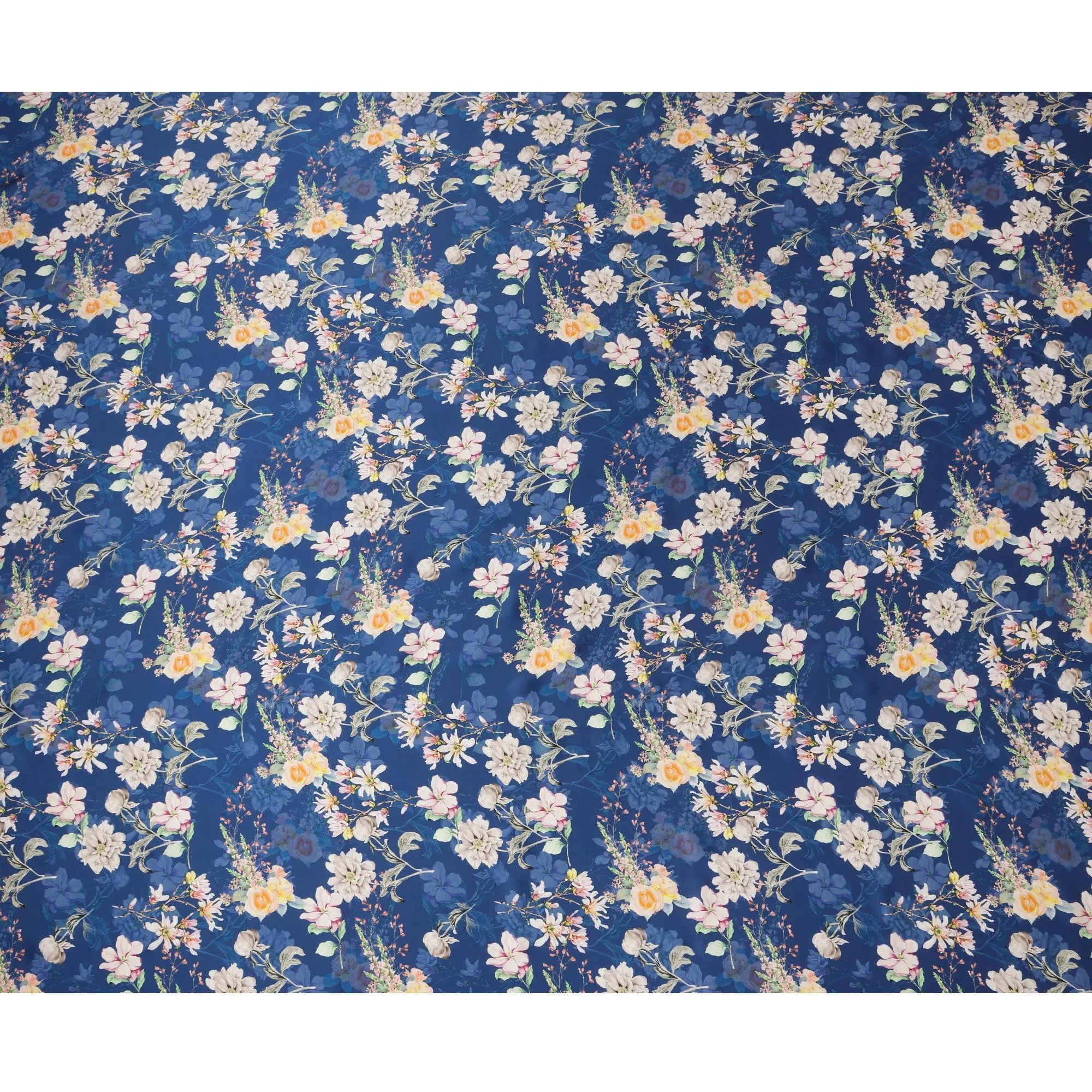 Navy Floral Pure Silk Satin Fabric - 140 cm Width, Made in Italy-D20722