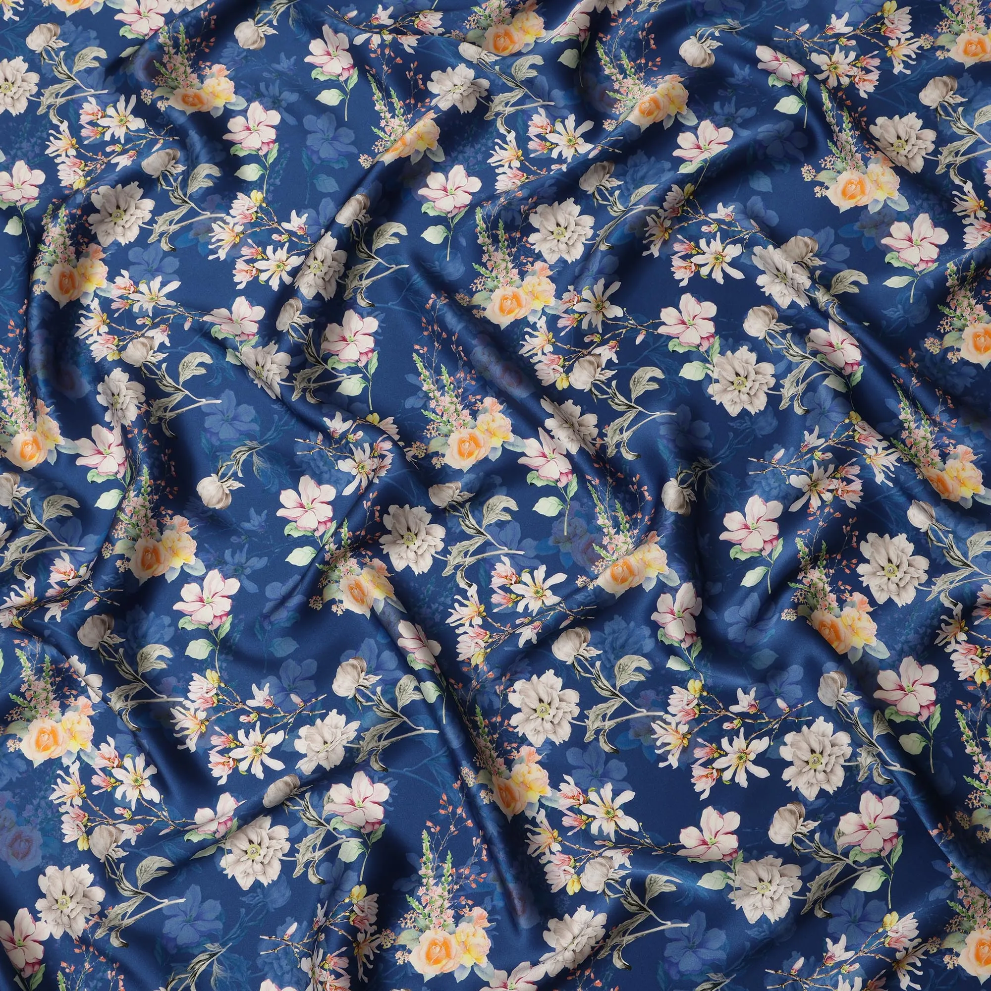 Navy Floral Pure Silk Satin Fabric - 140 cm Width, Made in Italy-D20722