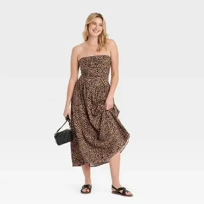 New - Women's Ruched Maxi A-Line Dress - Universal Thread Black/Brown Leopard L