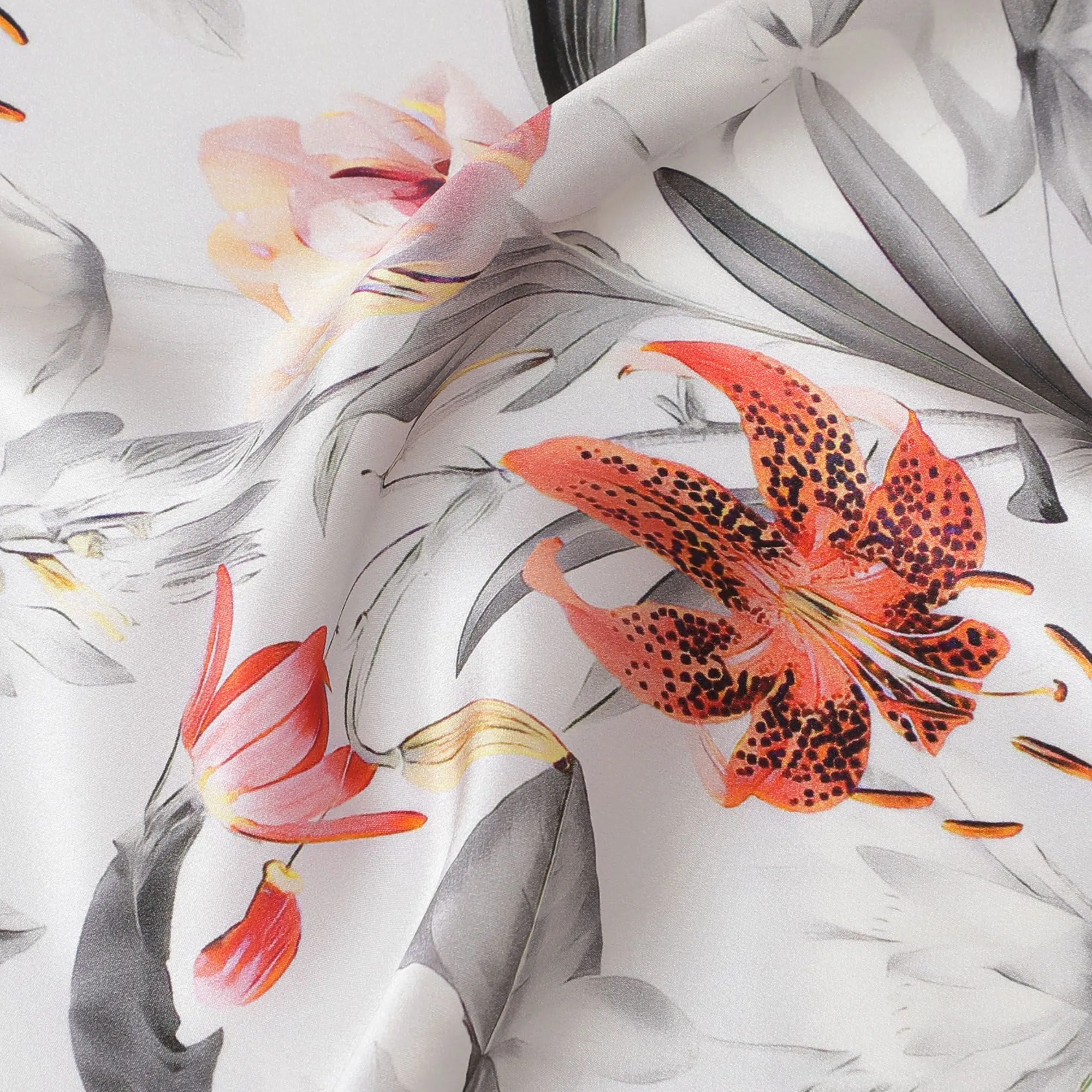 Off white Blossom Silk Satin Fabric - Elegant Italian Print, 140cm - Buy Fabrics Online-D18314