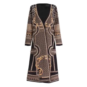 Opulent Pearl Beaded Baroque Print Collarless Long Sleeve Crepe Trench Coat