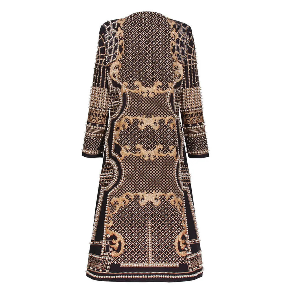 Opulent Pearl Beaded Baroque Print Collarless Long Sleeve Crepe Trench Coat