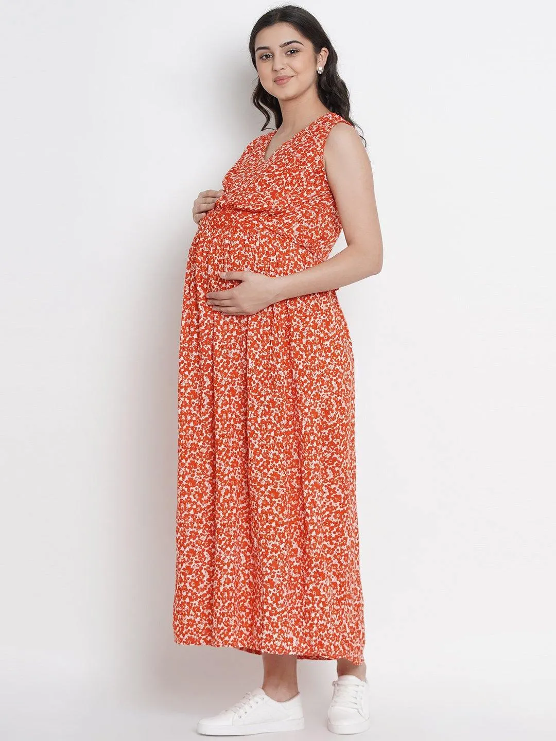 Orange A-Line Rayon Maternity Dress