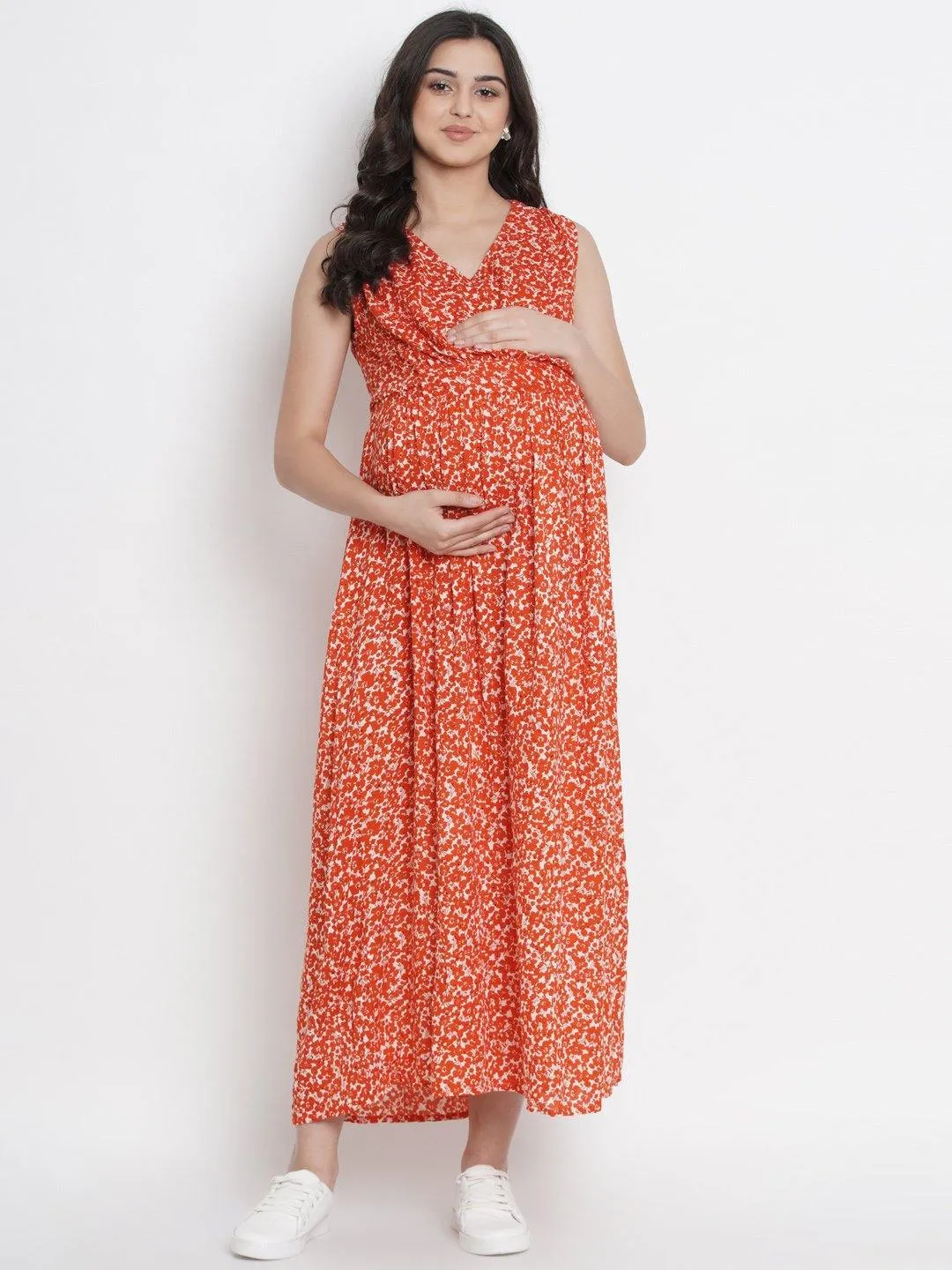 Orange A-Line Rayon Maternity Dress