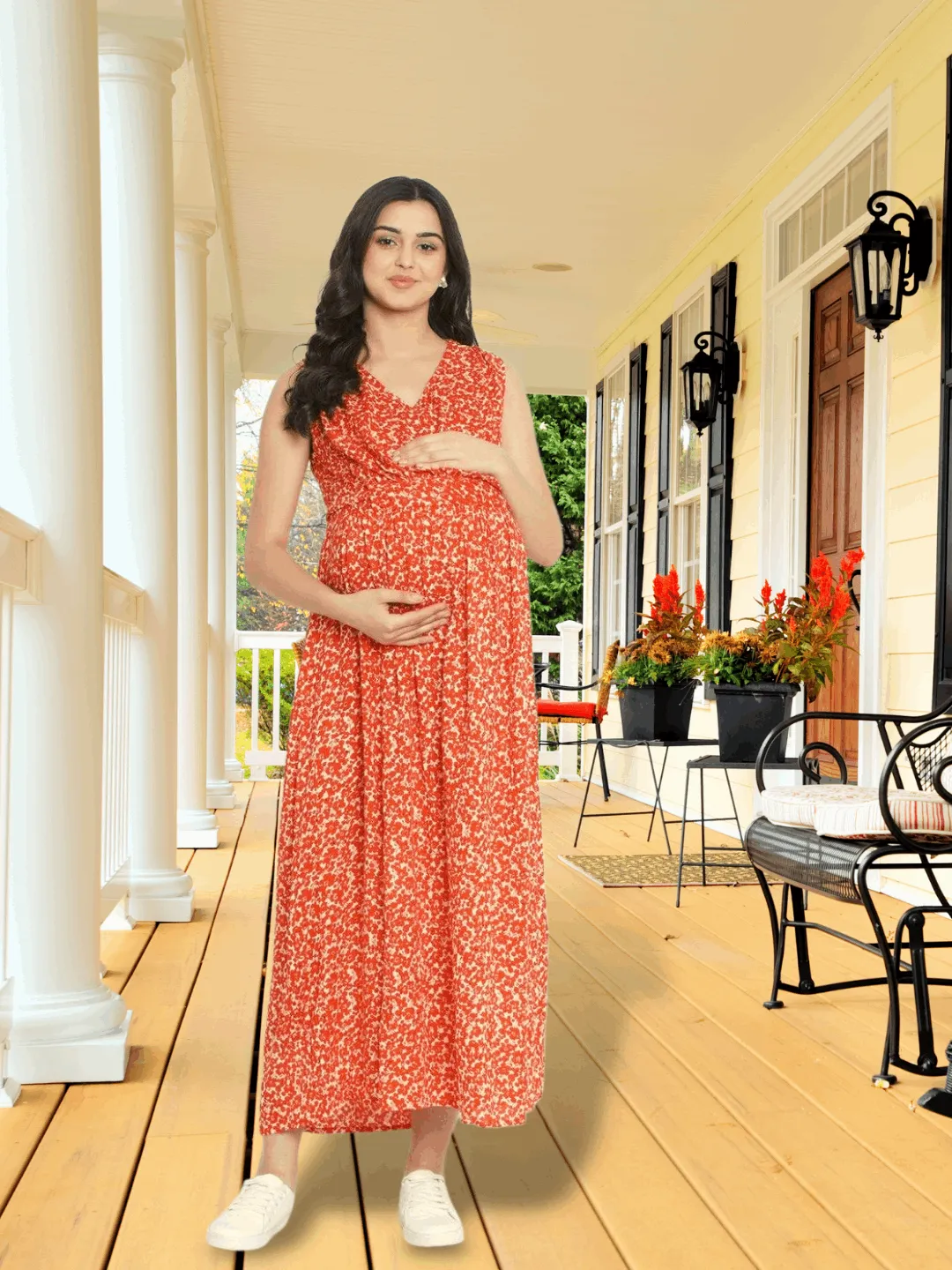 Orange A-Line Rayon Maternity Dress