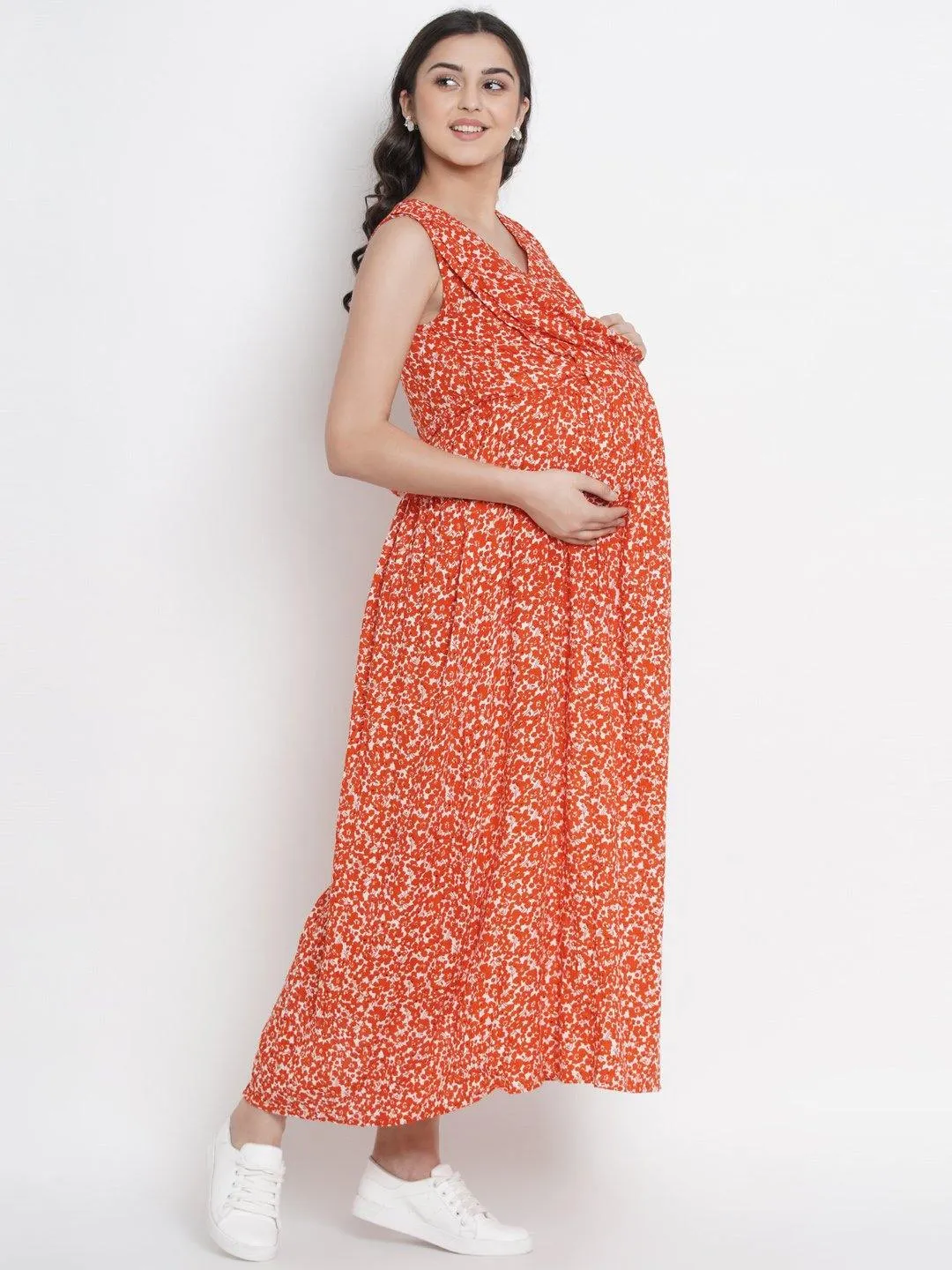 Orange A-Line Rayon Maternity Dress