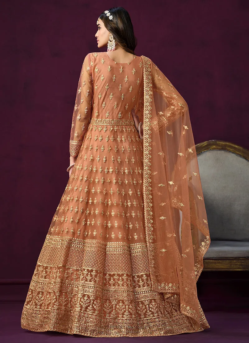 Orange Sequence Embroidery Traditional Anarkali Suit