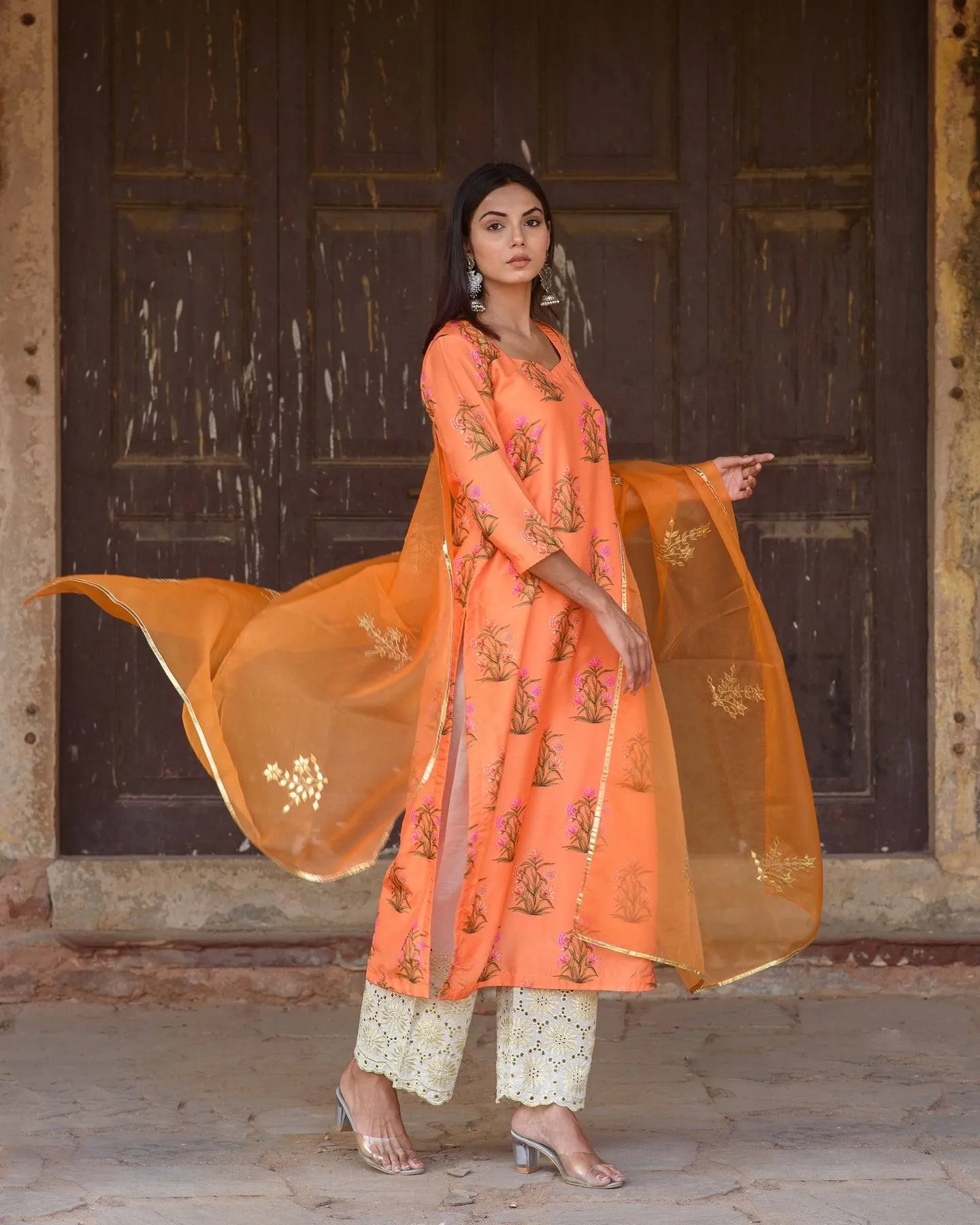 Orange Silk Printed Kurta Suit Set with Organza Dupatta