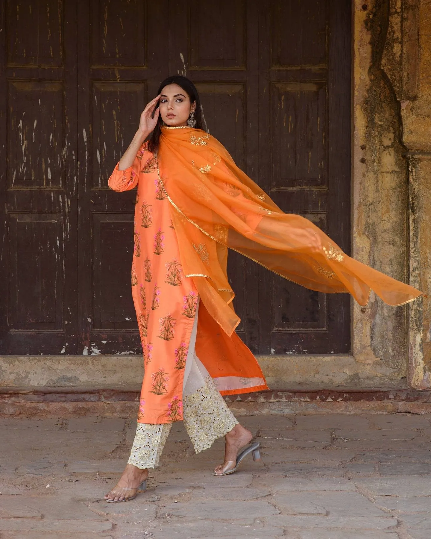 Orange Silk Printed Kurta Suit Set with Organza Dupatta