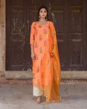 Orange Silk Printed Kurta Suit Set with Organza Dupatta