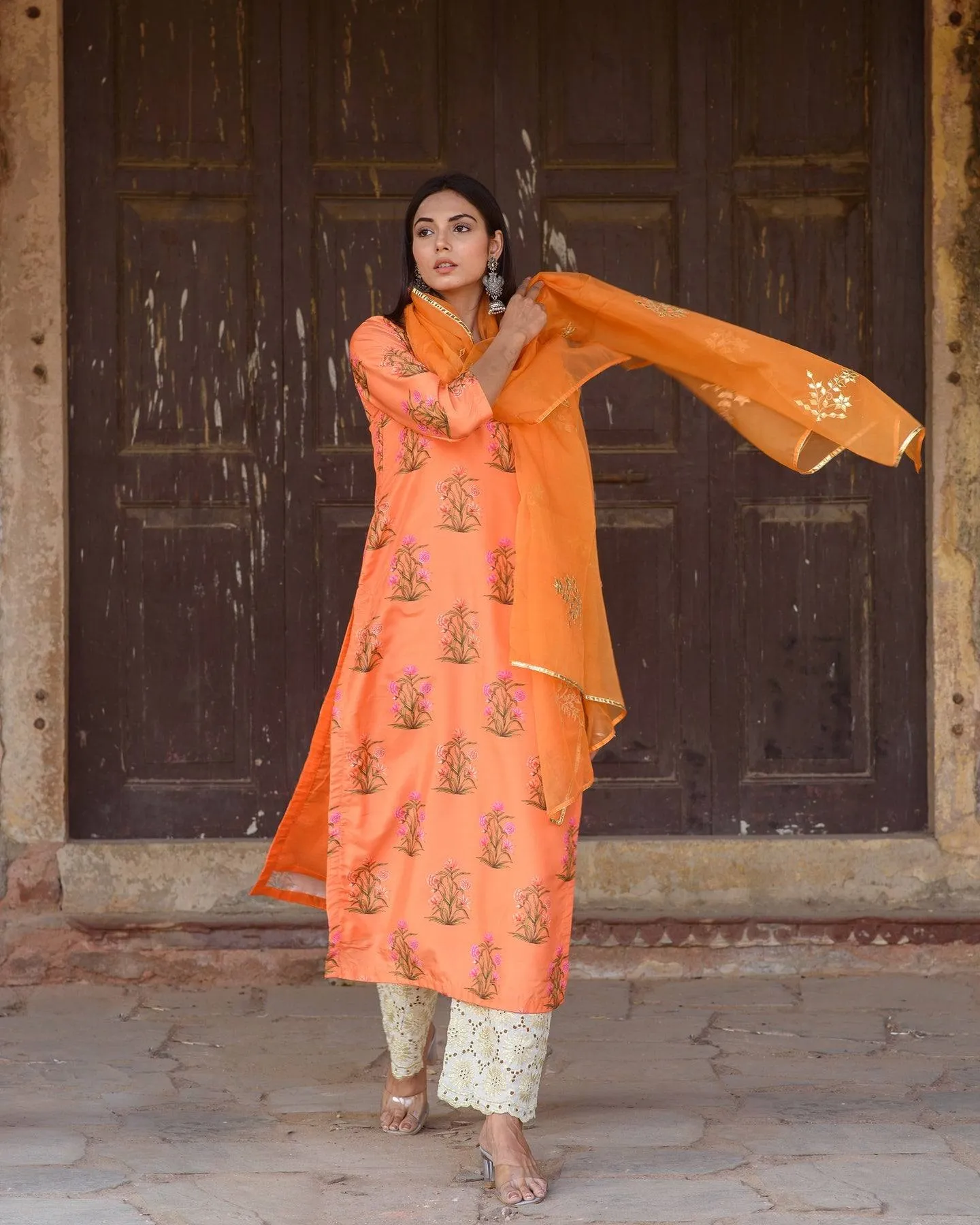 Orange Silk Printed Kurta Suit Set with Organza Dupatta