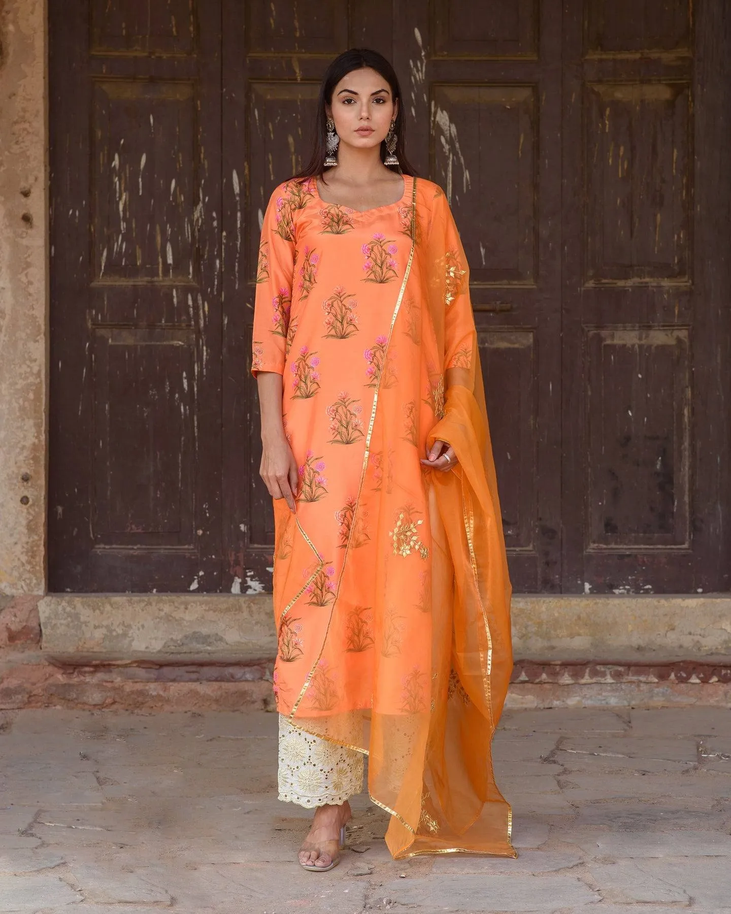 Orange Silk Printed Kurta Suit Set with Organza Dupatta