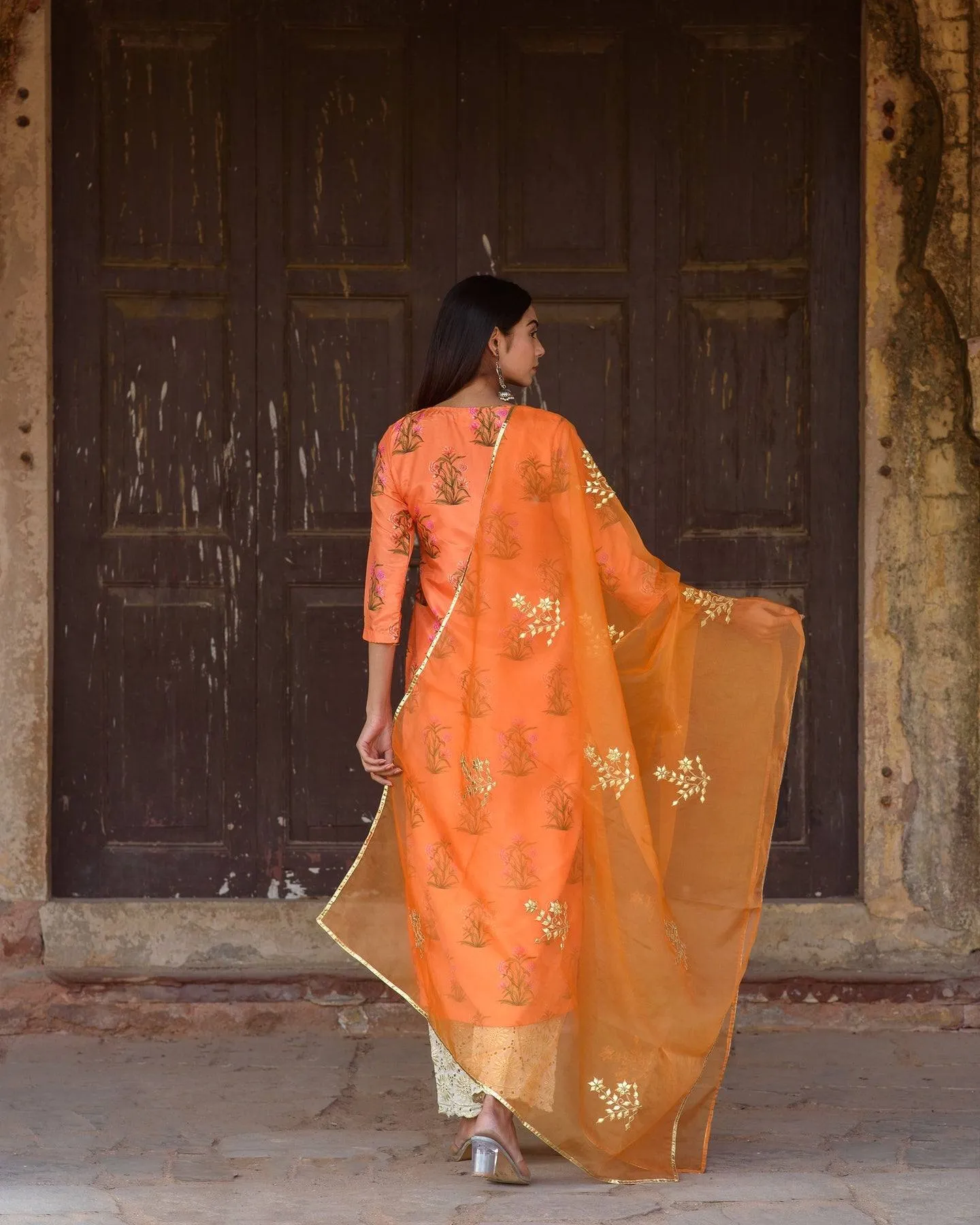 Orange Silk Printed Kurta Suit Set with Organza Dupatta