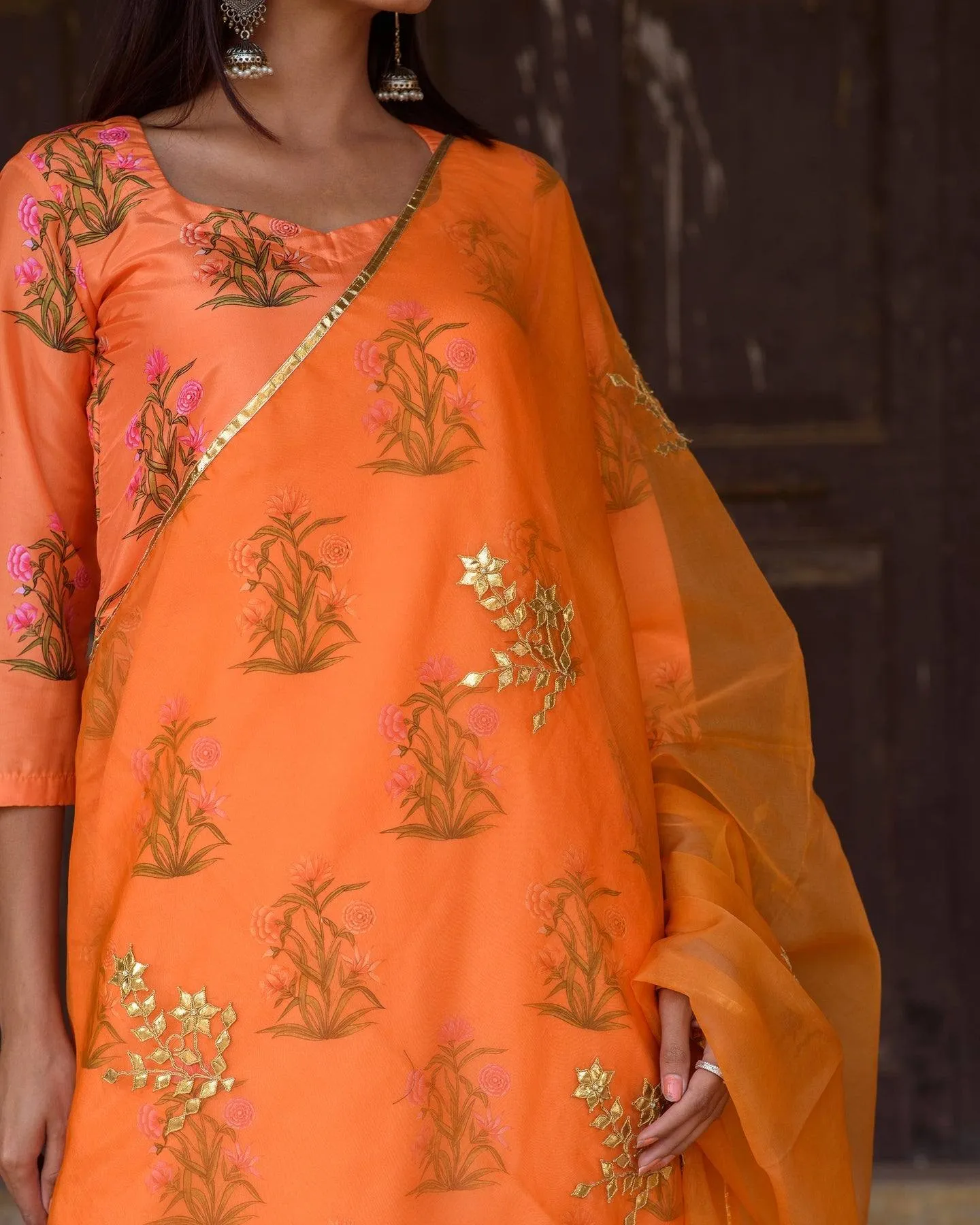 Orange Silk Printed Kurta Suit Set with Organza Dupatta