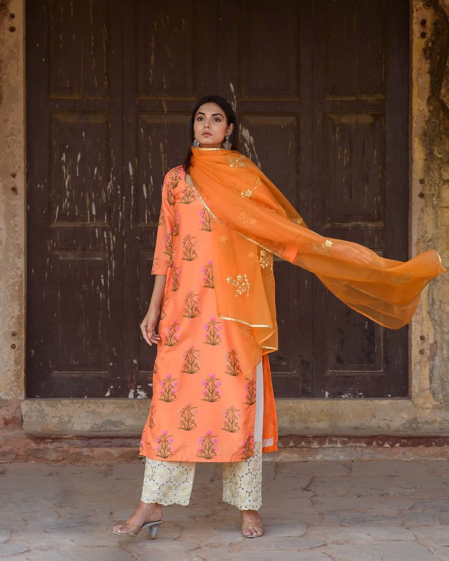 Orange Silk Printed Kurta Suit Set with Organza Dupatta