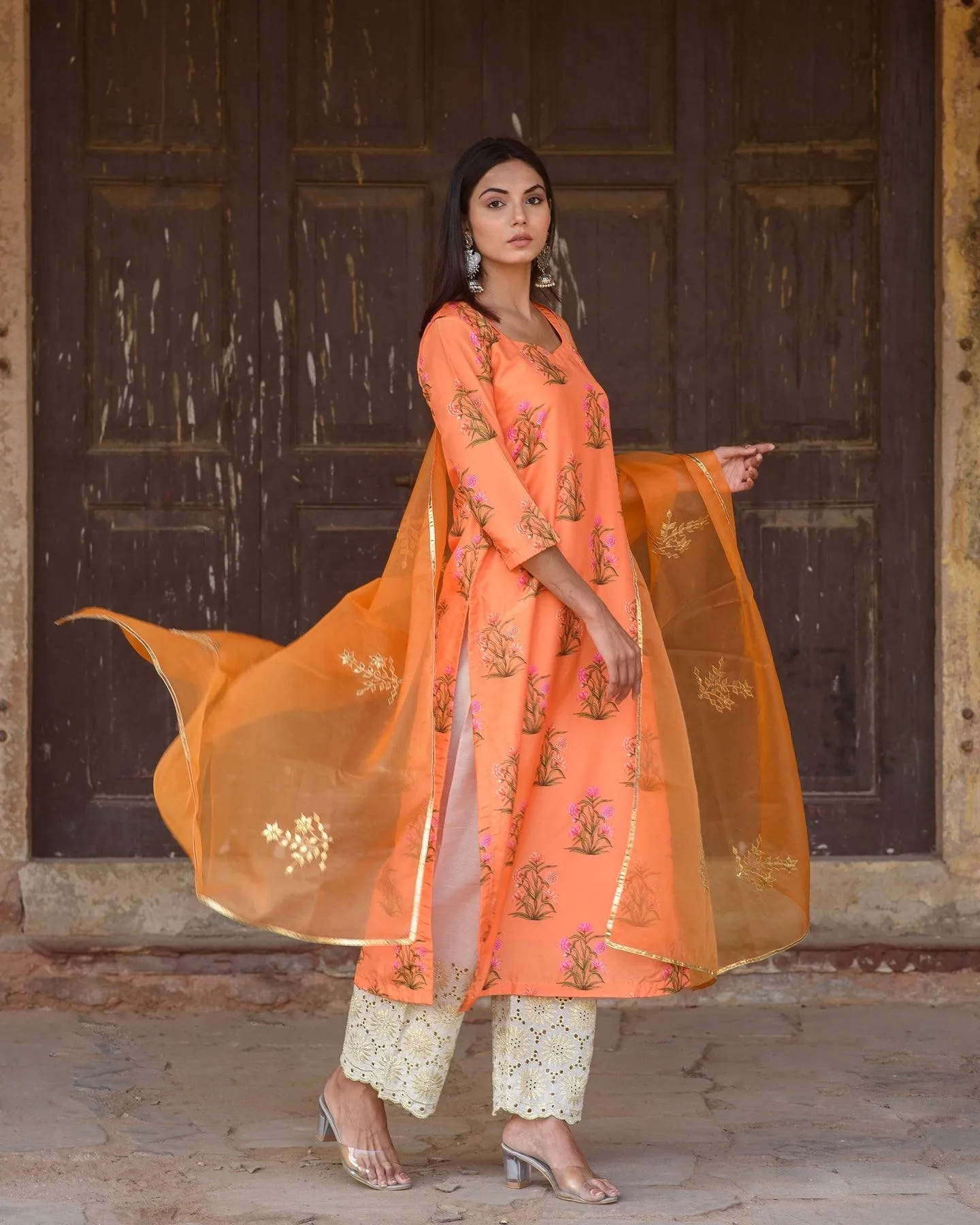 Orange Silk Printed Kurta Suit Set with Organza Dupatta