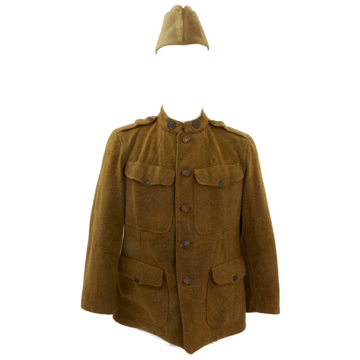 Original U.S. WWII US Army Signal Corps Named Uniform Grouping - Overseas Cap, Tunic, Pants, Greatcoat