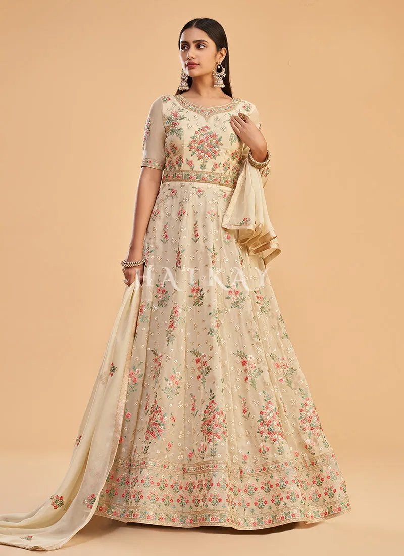 Pale Yellow Multi Embroidered Partywear Anarkali Suit