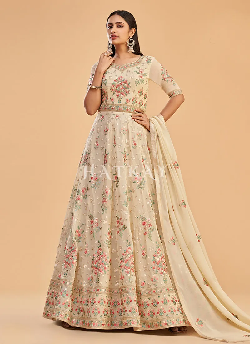 Pale Yellow Multi Embroidered Partywear Anarkali Suit