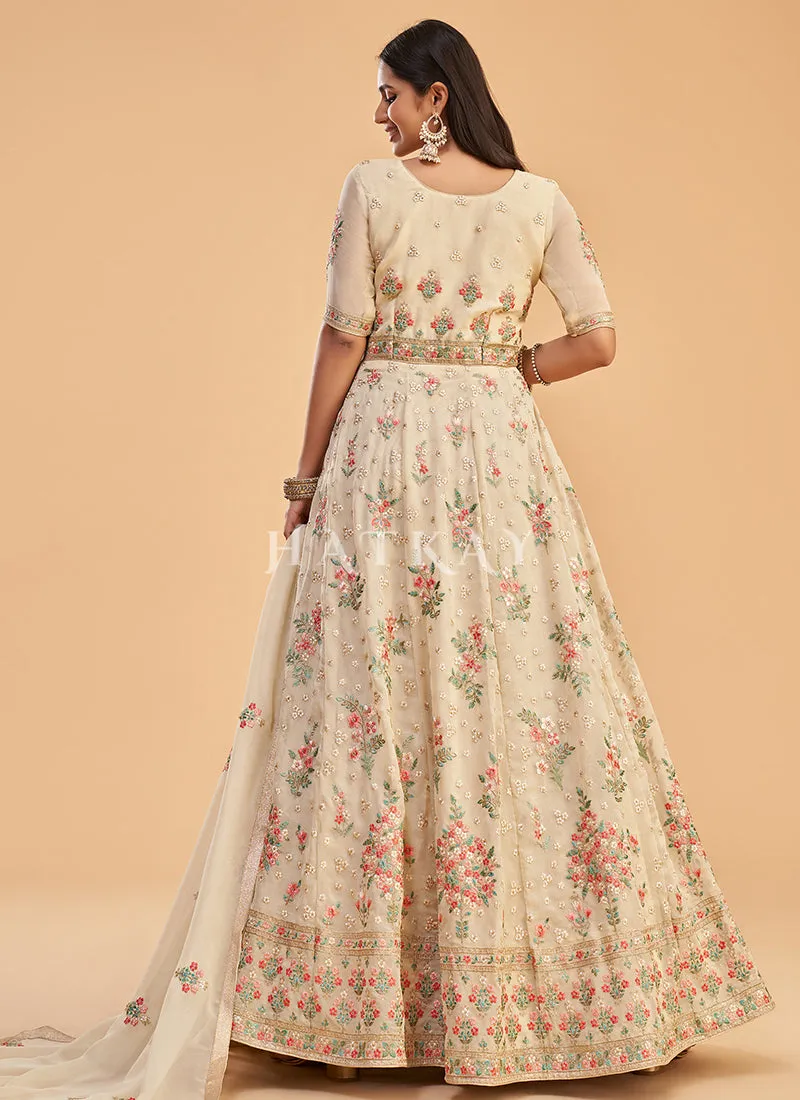 Pale Yellow Multi Embroidered Partywear Anarkali Suit