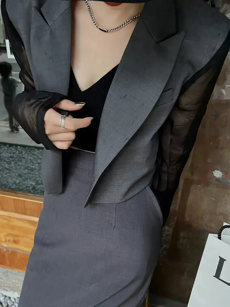 Patchwork Mesh Blazers For Women Lapel Long Sleeve Loose Casual Solid Minimalist Blazer Female Fashion Clothing