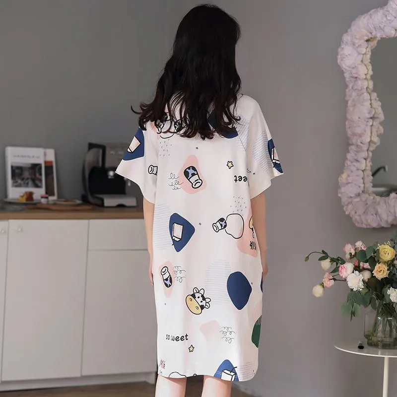 Pattern Midi Cotton Cartoon Lounge Dress