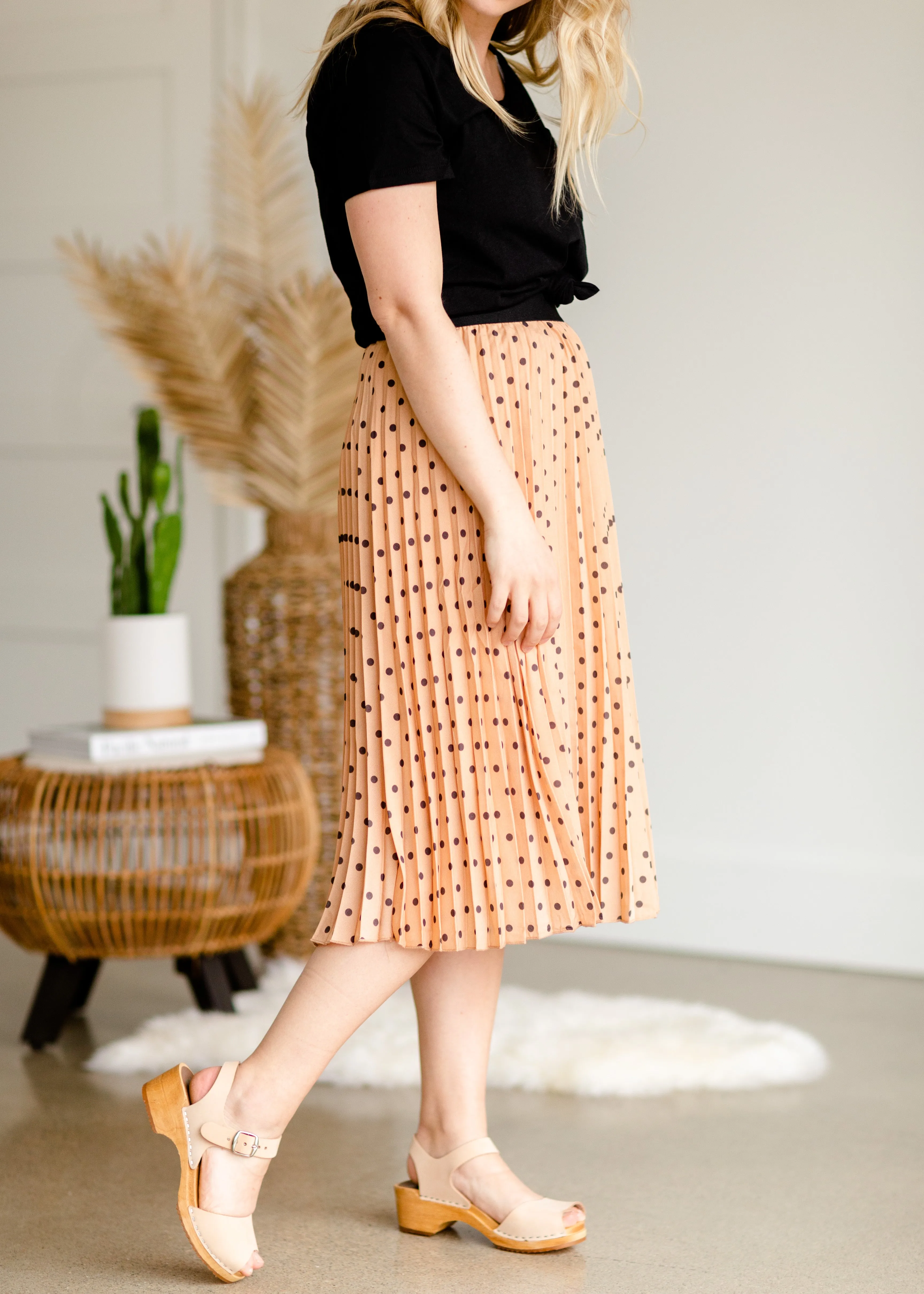 Peach Polka Dot Pleated Midi Skirt - FINAL SALE