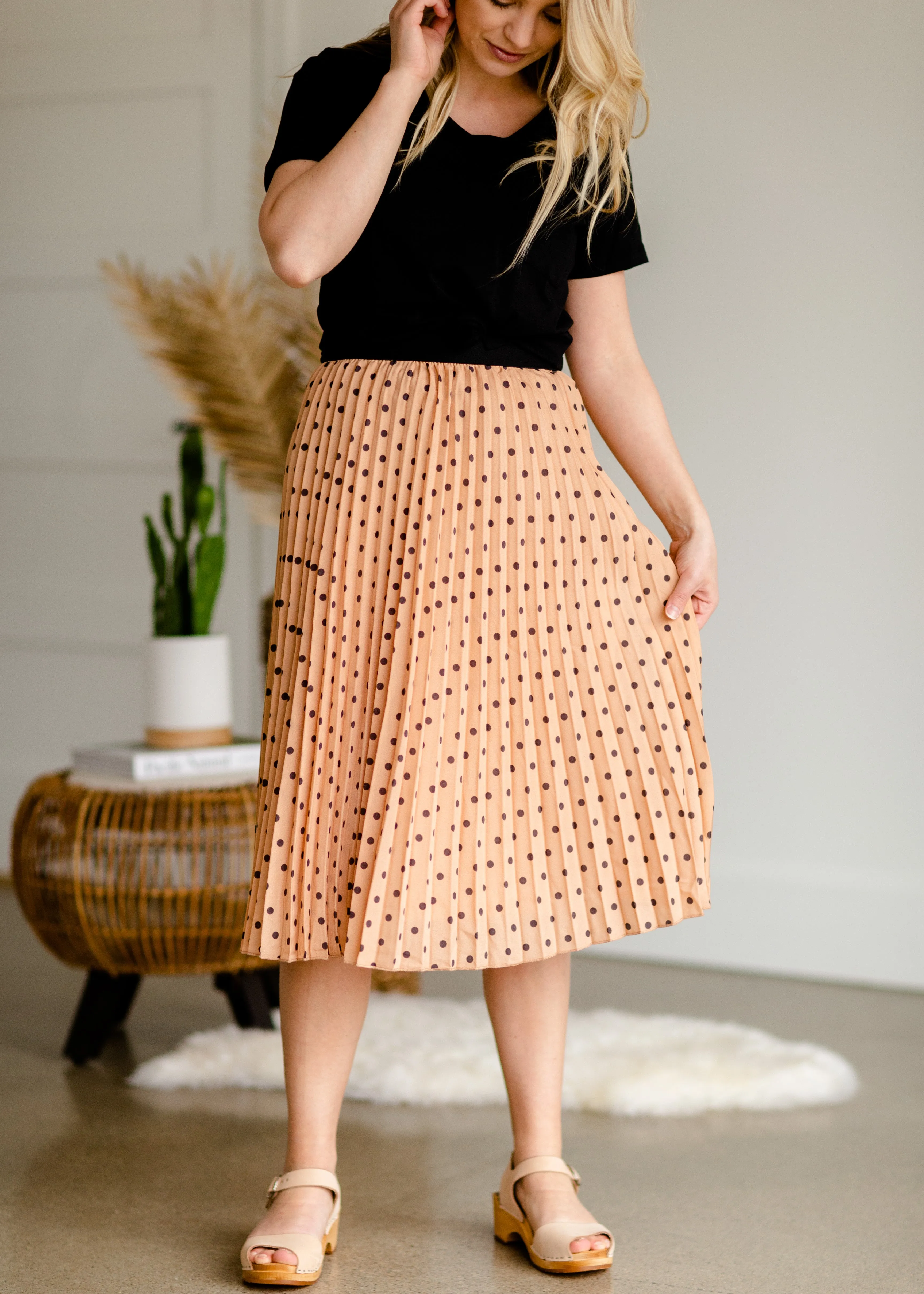 Peach Polka Dot Pleated Midi Skirt - FINAL SALE