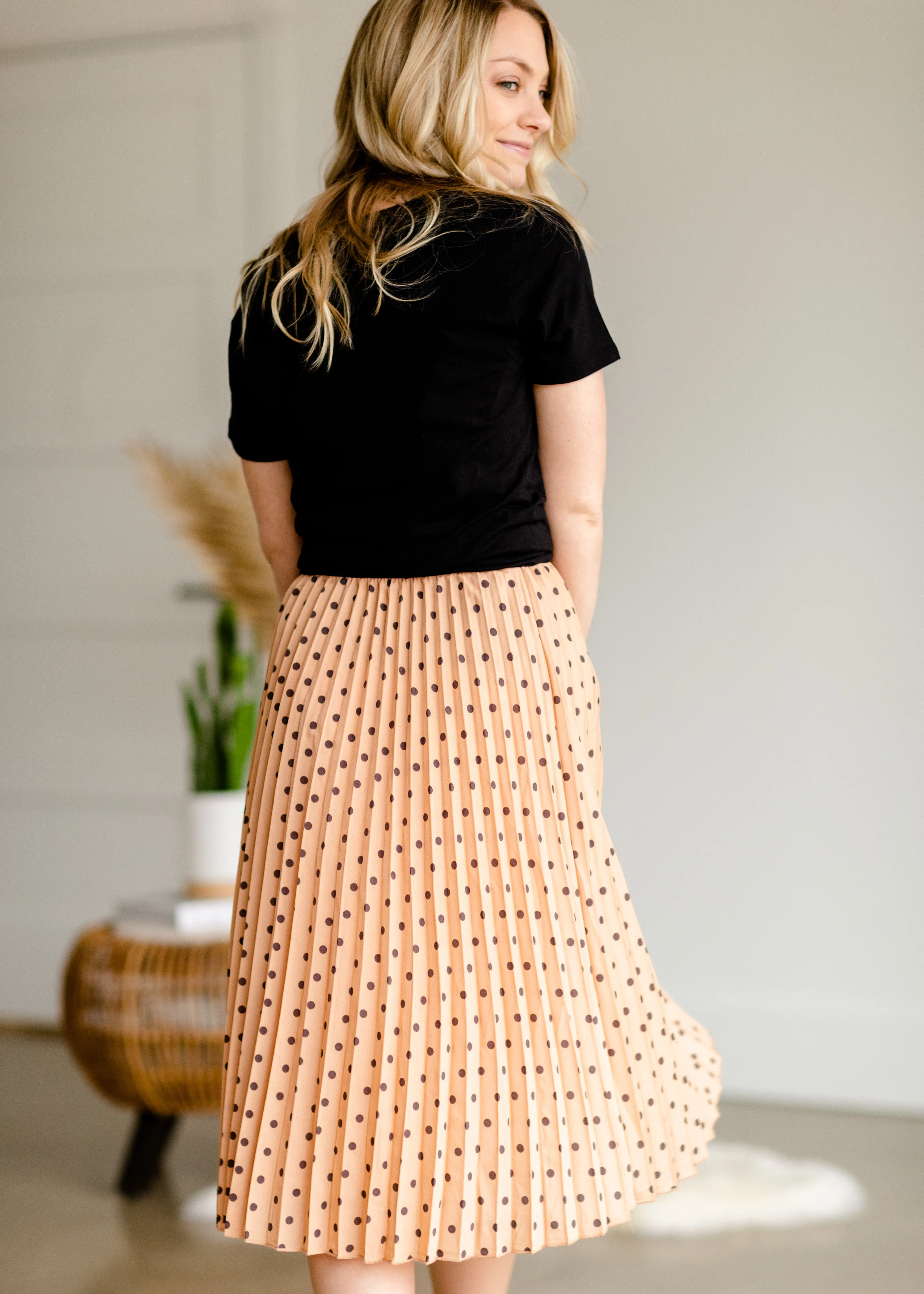 Peach Polka Dot Pleated Midi Skirt - FINAL SALE