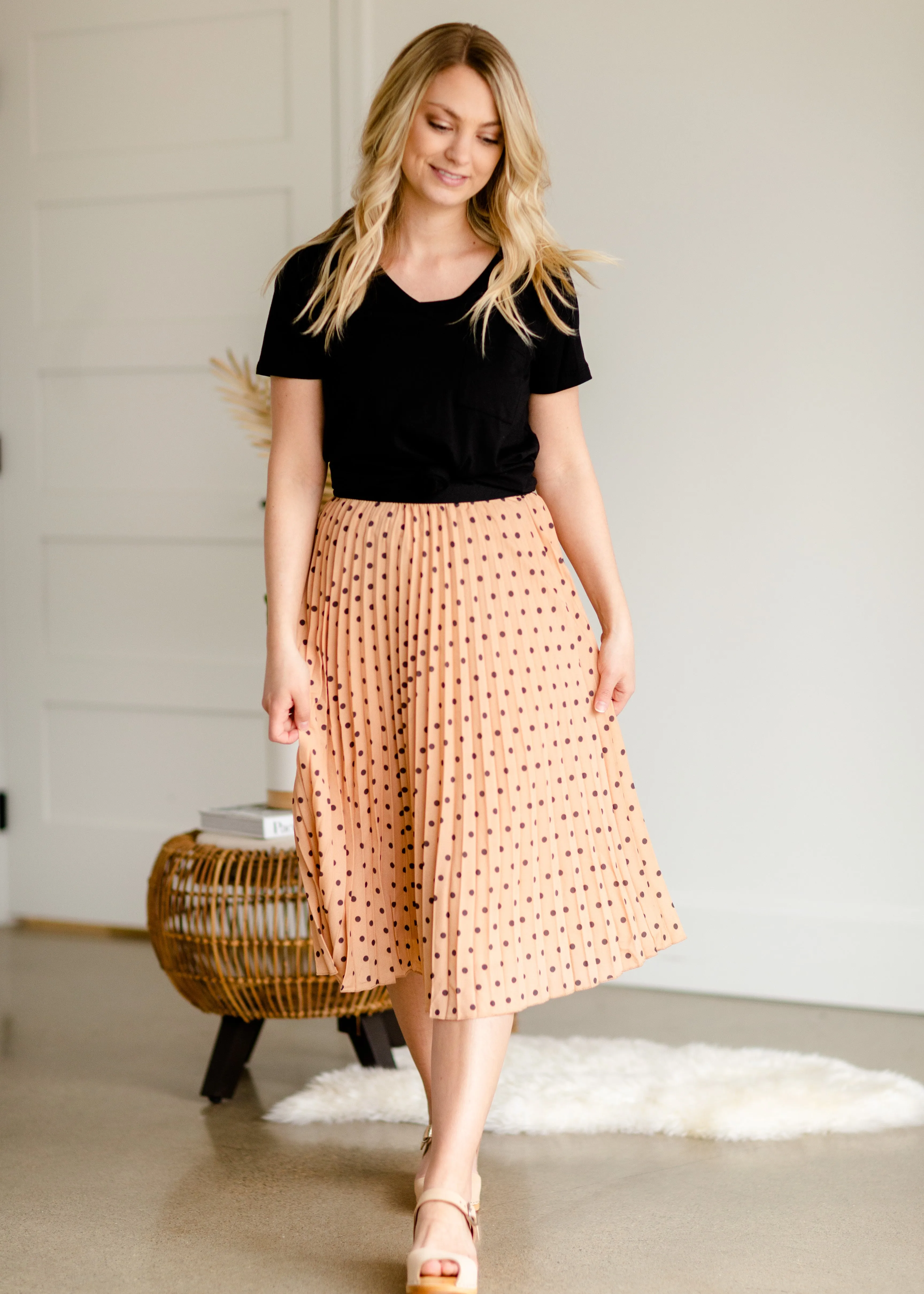 Peach Polka Dot Pleated Midi Skirt - FINAL SALE