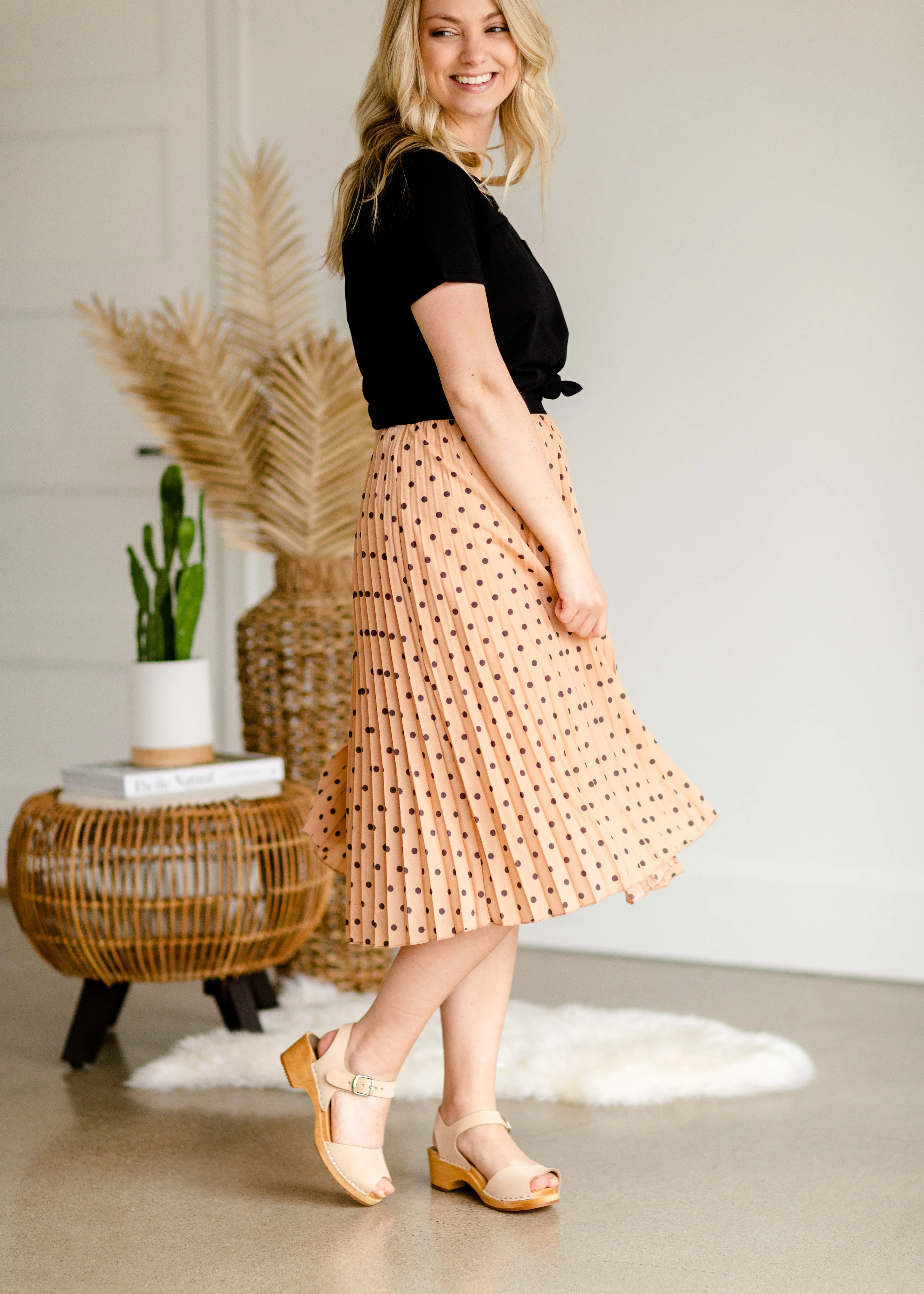 Peach Polka Dot Pleated Midi Skirt - FINAL SALE