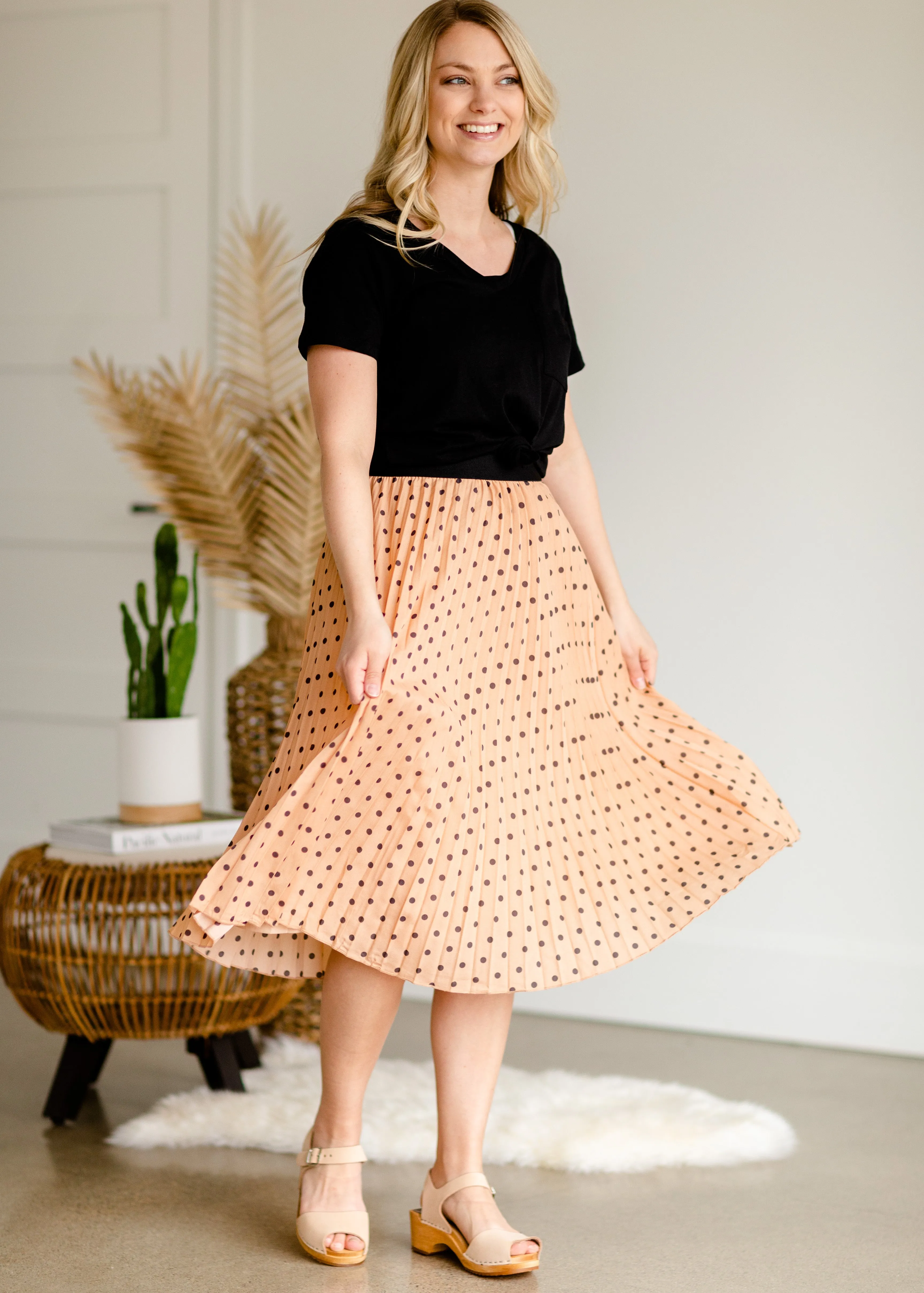 Peach Polka Dot Pleated Midi Skirt - FINAL SALE