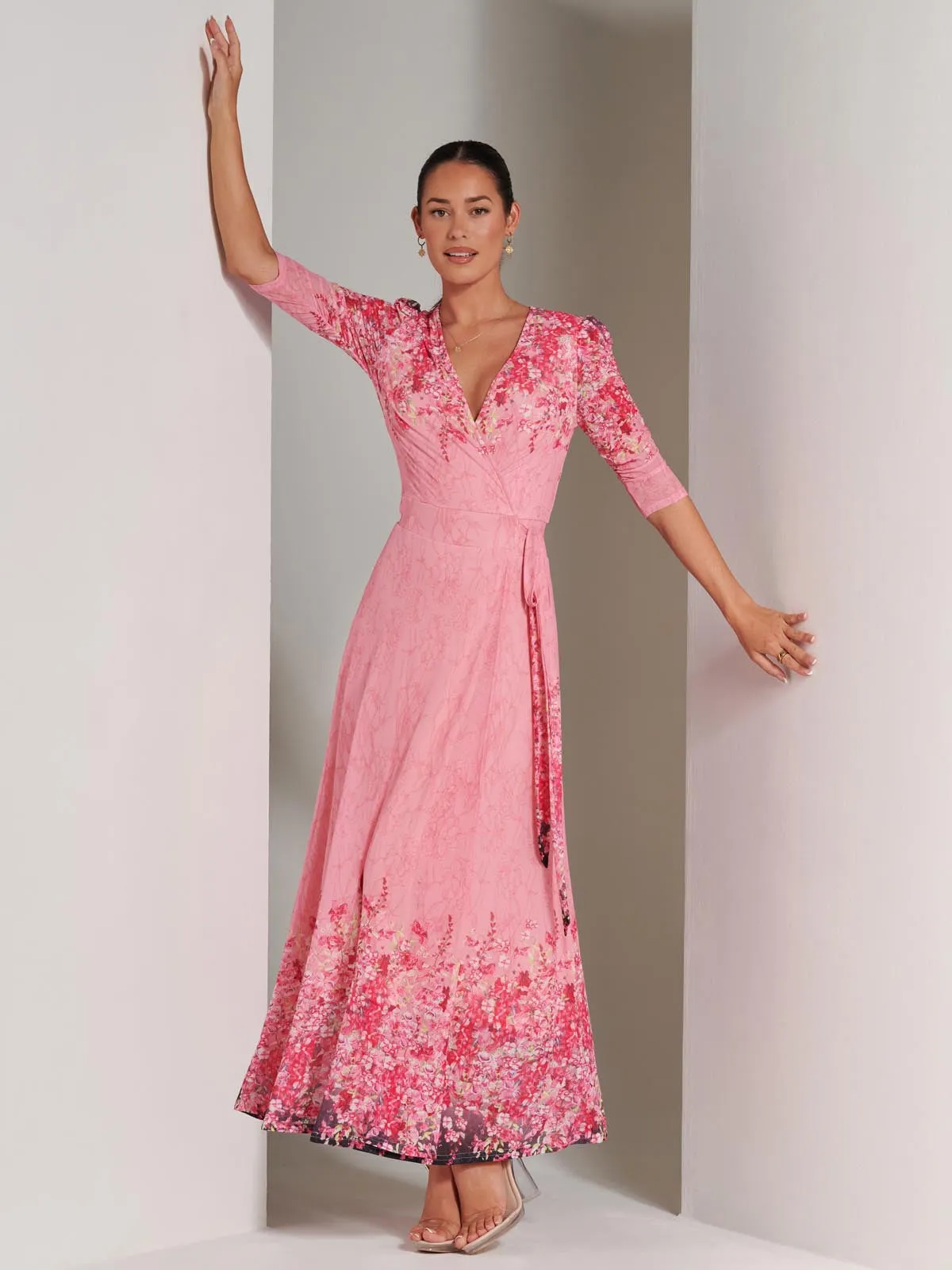 Peggy Ruched Sleeve Wrap Mesh Maxi Dress, Pink Multi