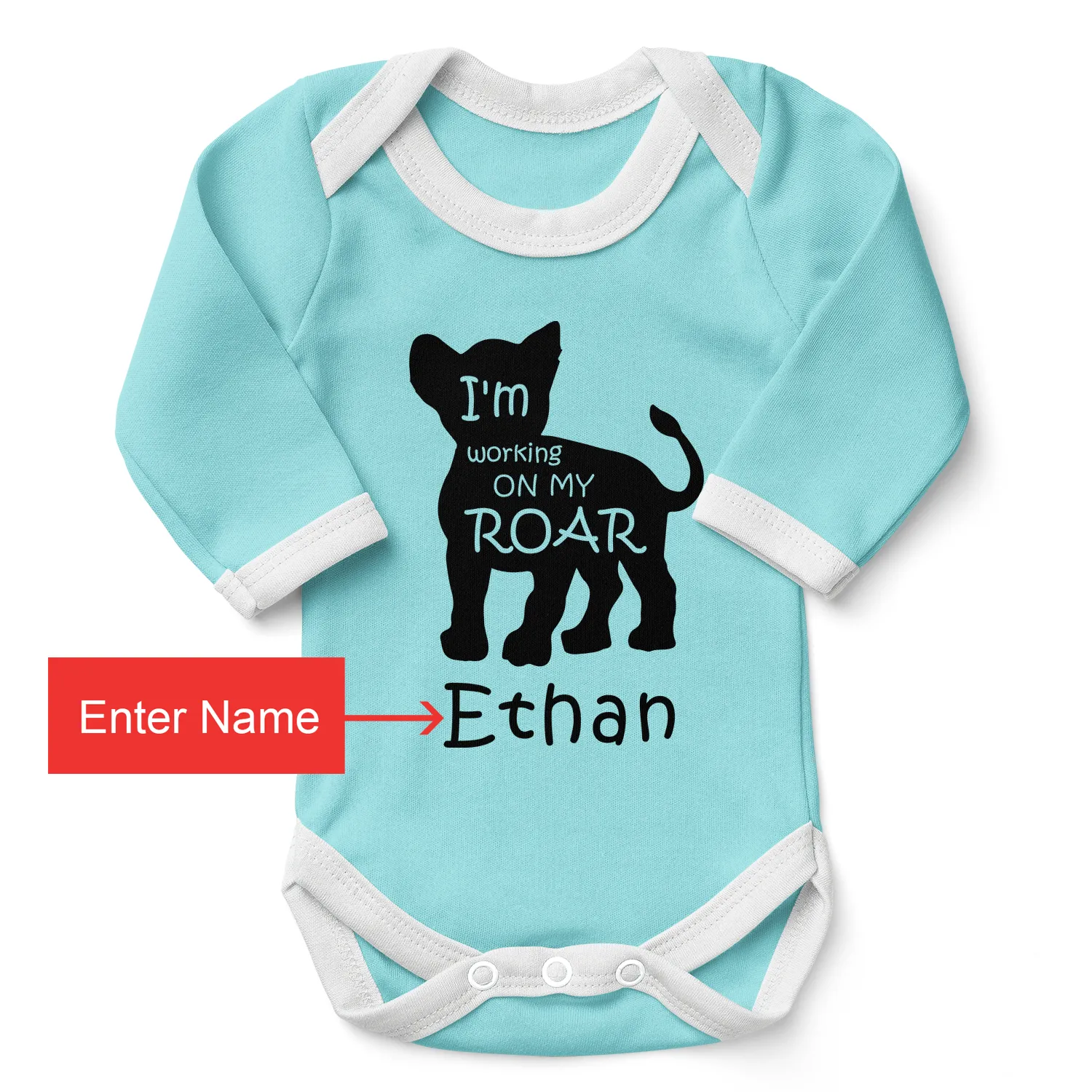 Personalized Organic Baby Bodysuit - Baby Lion (Aqua / Long Sleeve)