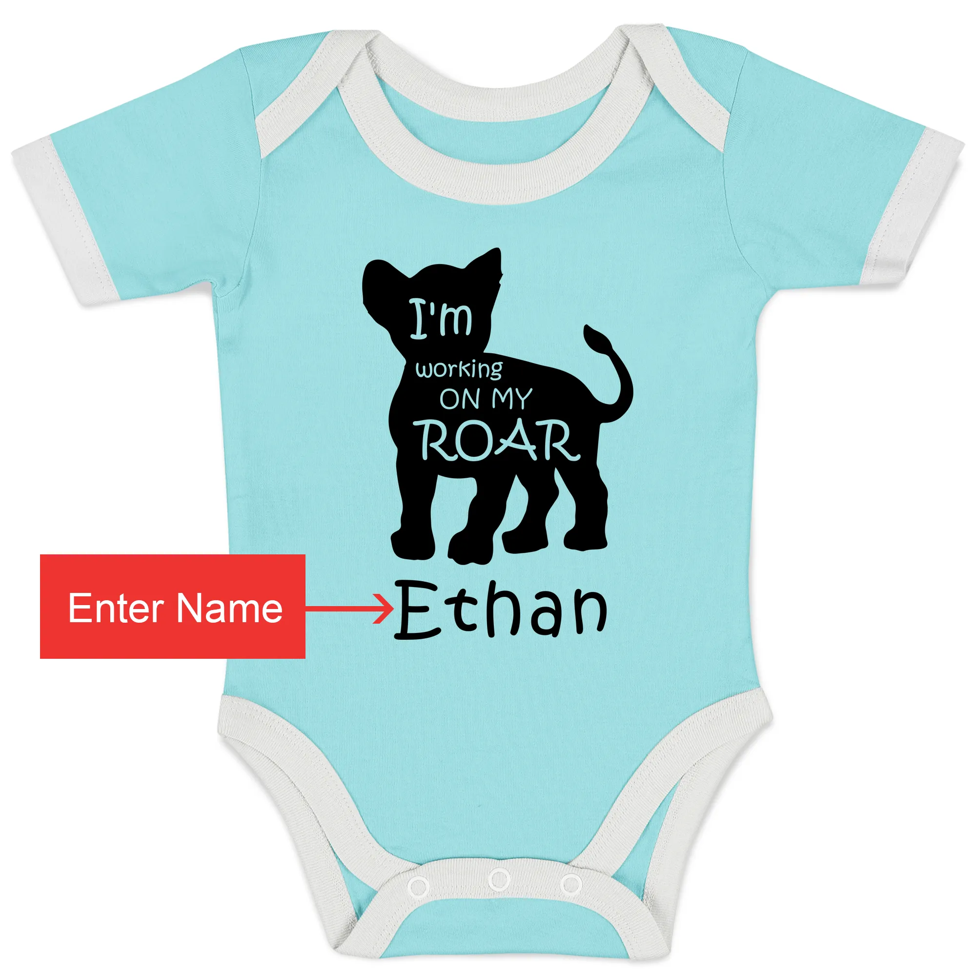 Personalized Organic Baby Bodysuit - Baby Lion (Aqua / Short Sleeve)