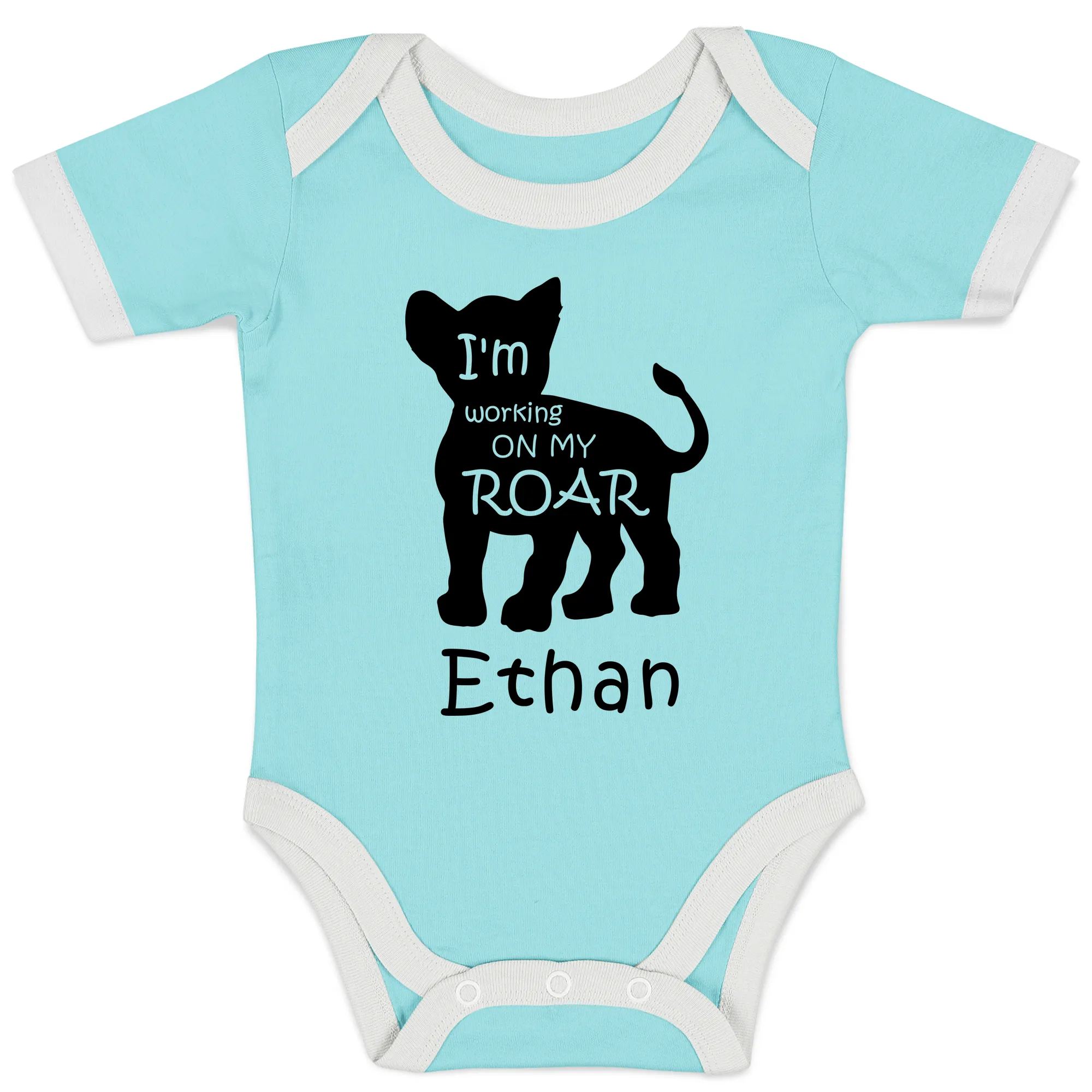 Personalized Organic Baby Bodysuit - Baby Lion (Aqua / Short Sleeve)