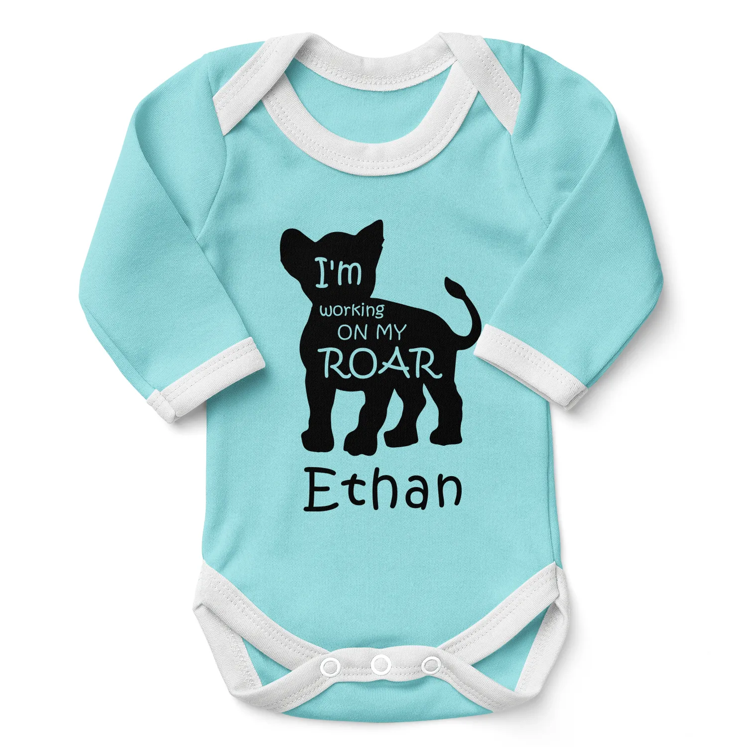 Personalized Organic Baby Bodysuit - Baby Lion (Aqua)