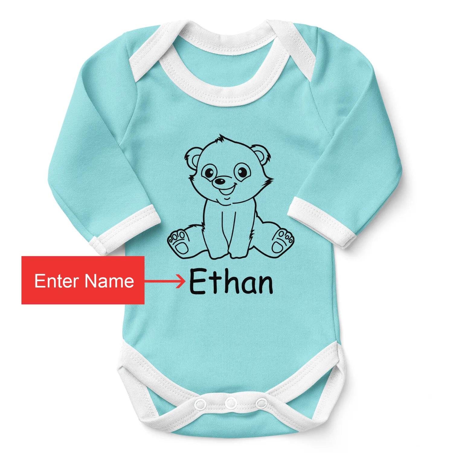 Personalized Organic Baby Bodysuit - Happy Polar Bear (Aqua / Long Sleeve)