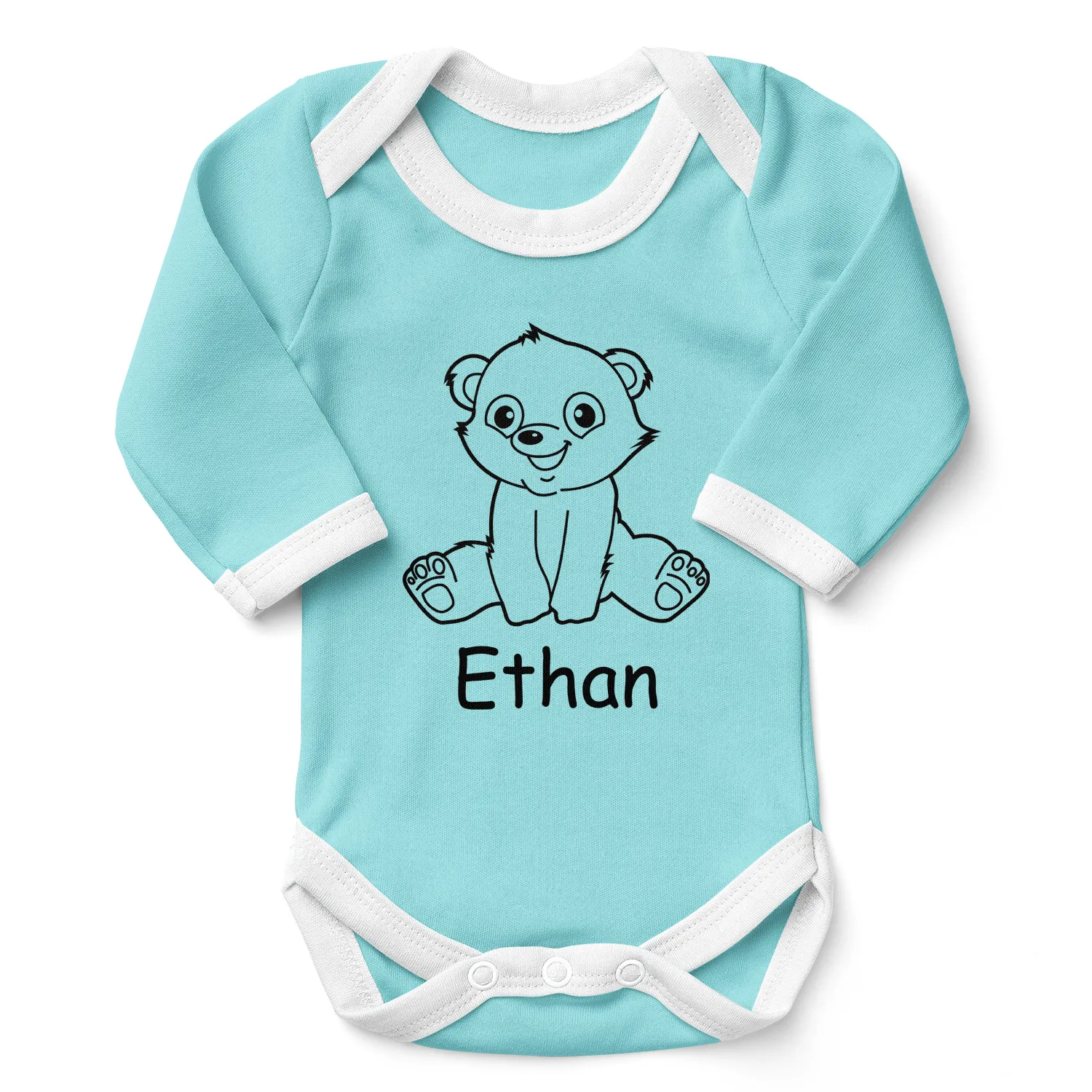 Personalized Organic Baby Bodysuit - Happy Polar Bear (Aqua / Long Sleeve)