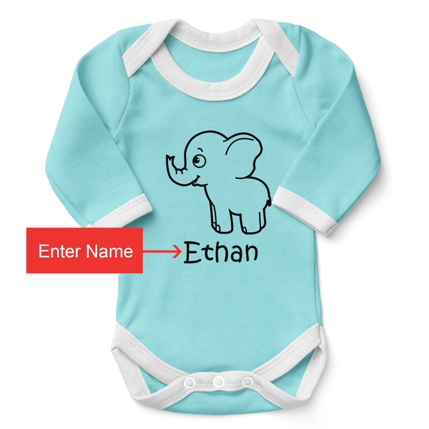 Personalized Organic Baby Bodysuit - Little Elephant (Aqua / Long Sleeve)