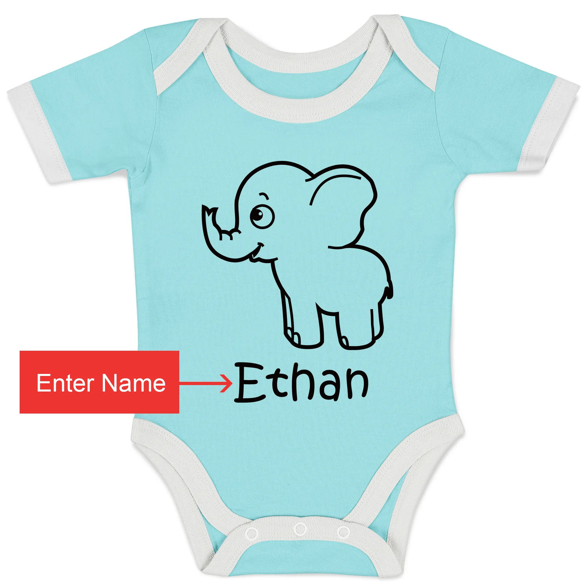 Personalized Organic Baby Bodysuit - Little Elephant (Aqua / Short Sleeve)