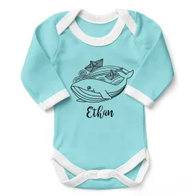 Personalized Organic Baby Bodysuit - Playful Whale (Aqua / Long Sleeve)