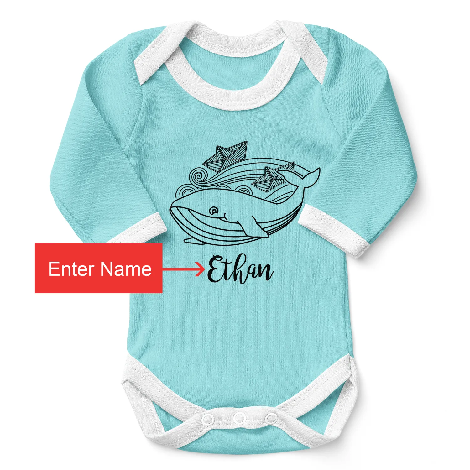 Personalized Organic Baby Bodysuit - Playful Whale (Aqua / Long Sleeve)