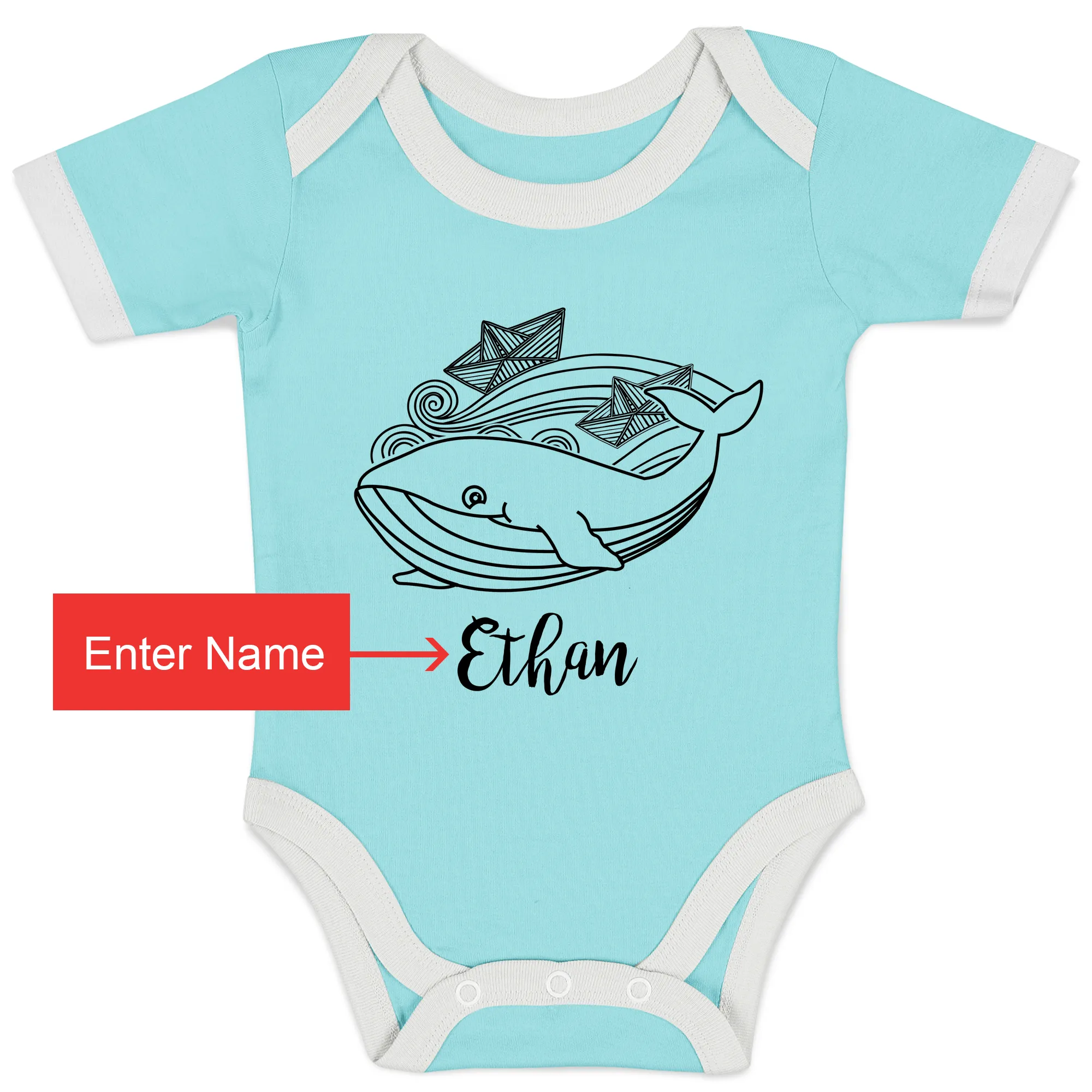 Personalized Organic Baby Bodysuit - Playful Whale (Aqua / Short Sleeve)