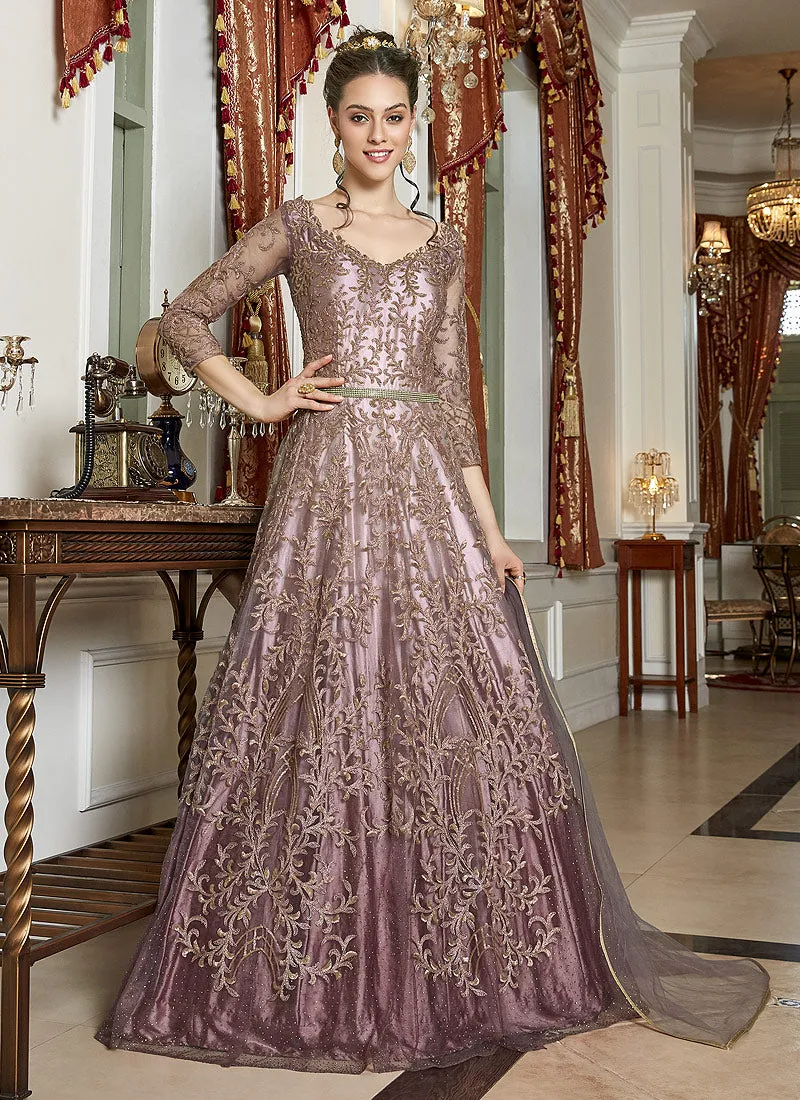 Pink And Mauve Embroidered Anarkali Gown