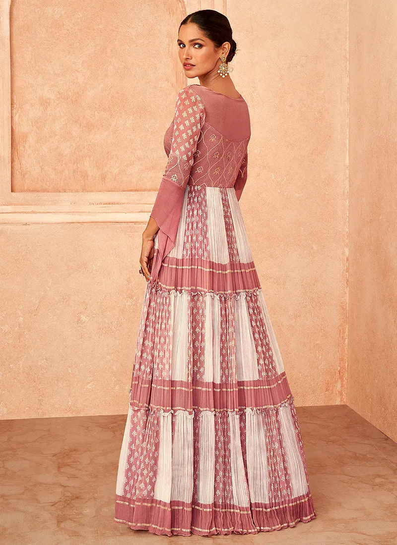 Pink And White Sequence Embroidery Georgette Anarkali Gown