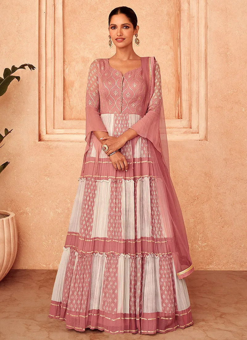 Pink And White Sequence Embroidery Georgette Anarkali Gown