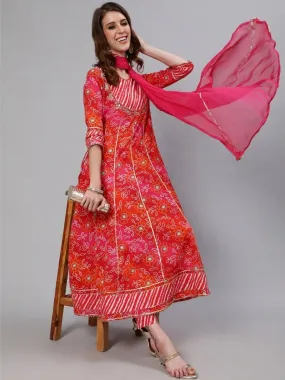 Pink Bandhani Print Suit Set with Dupatta